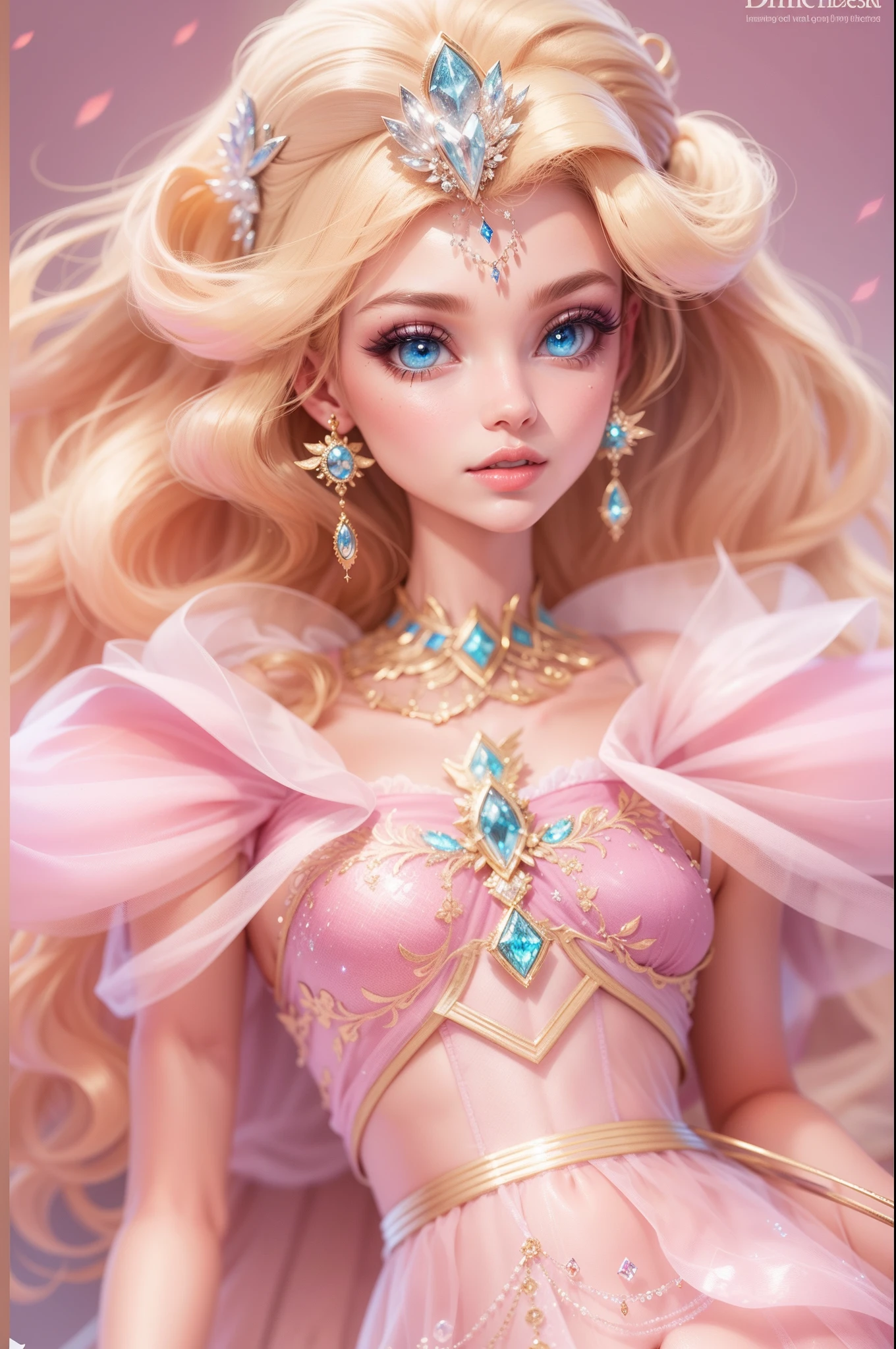 Very beautiful Disney princess, Delicate skin, Big blue eyes, Delicate makeup, Barbie Girl, Shorter neck，Neck accessories.3D, Glossy, Golden curls, Diamond headbands, Pink sequined gauze dress, Noble and elegant, Clear facial details, in pastel shades, glitters, Dazzling edge lights, Contour light, animated illustration, Disney style, Pixar style, OC Render