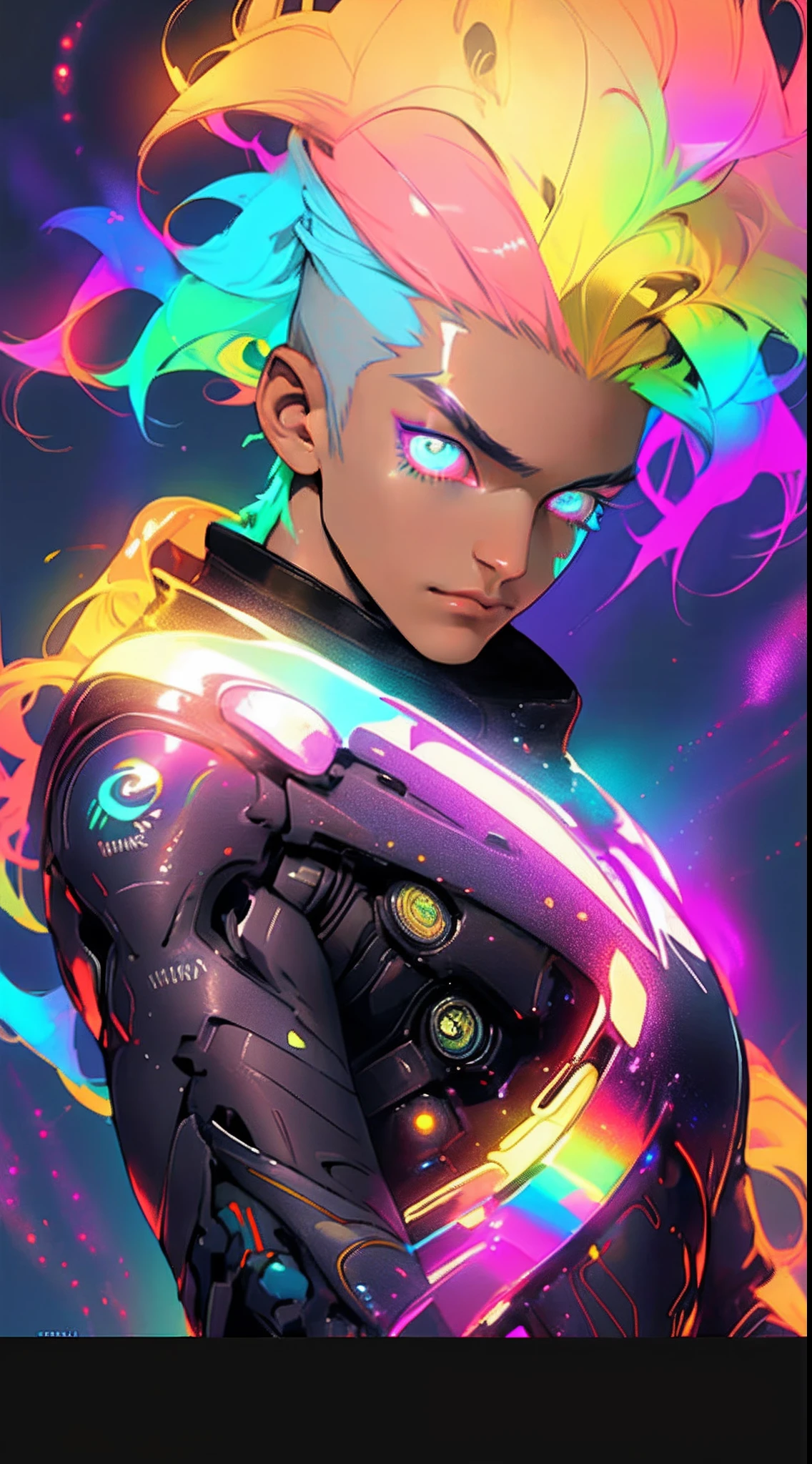 8k quality, ultra detailed, galaxy background effects, 1boy, rainbow color hair, glowing eyes, futurestic suit