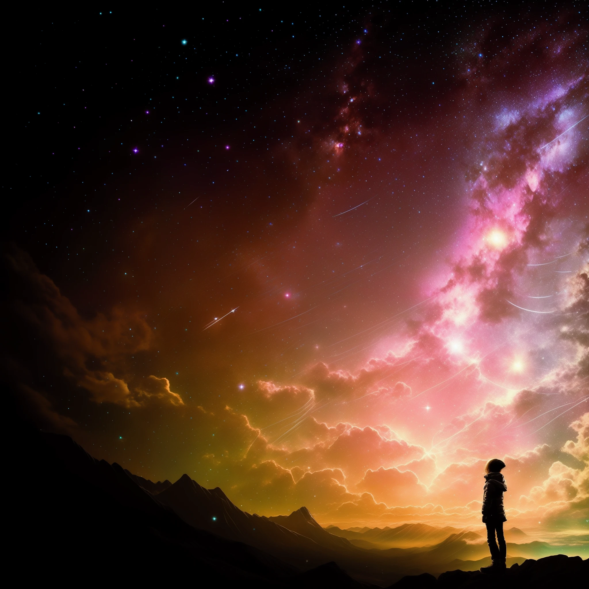 Starry sky with a man standing on a mountain looking up at the stars, looking out into the cosmos, lost in the immensity of space, girl looks at the space, cosmos sem fim no fundo, sitting on the cosmic cloudscape, looking at the stars, the sky has the milky way, looking at the stars, Looking at the sky