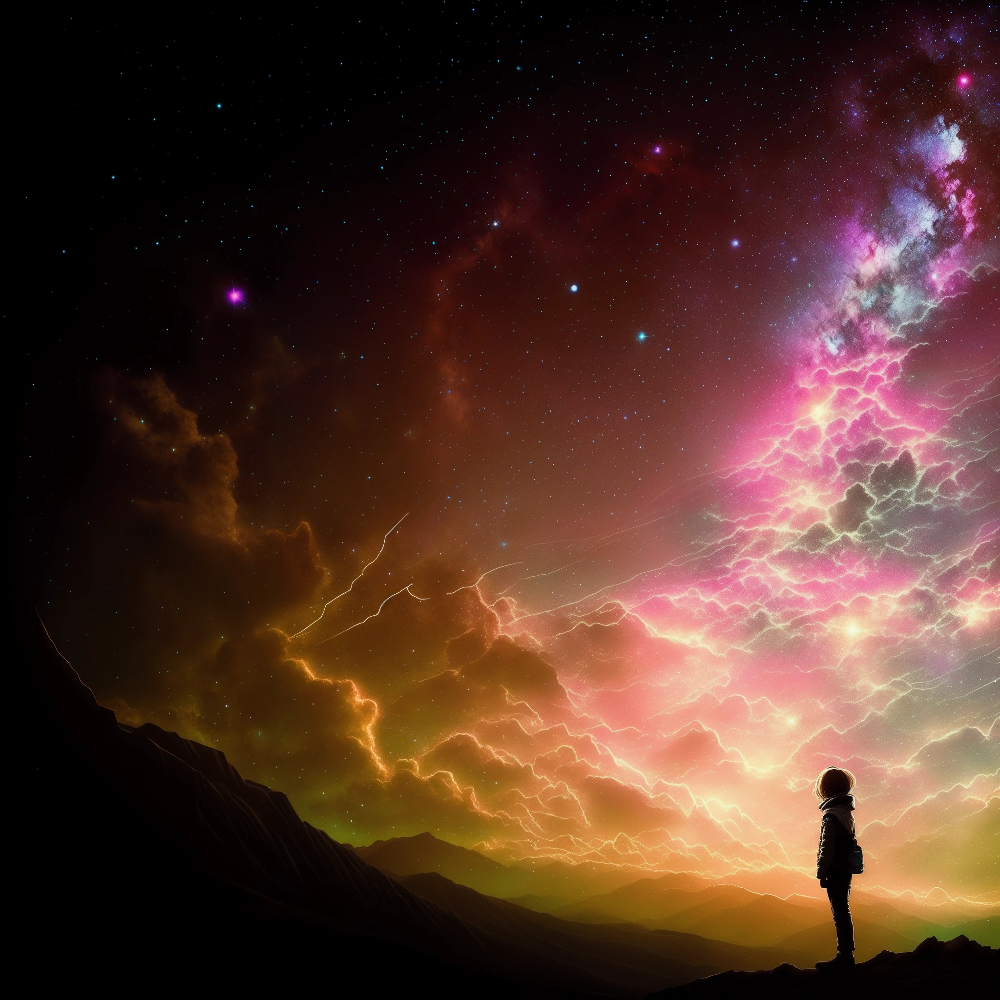 Starry sky with a man standing on a mountain looking up at the stars, looking out into the cosmos, lost in the immensity of space, girl looks at the space, cosmos sem fim no fundo, sitting on the cosmic cloudscape, looking at the stars, the sky has the milky way, looking at the stars, Looking at the sky