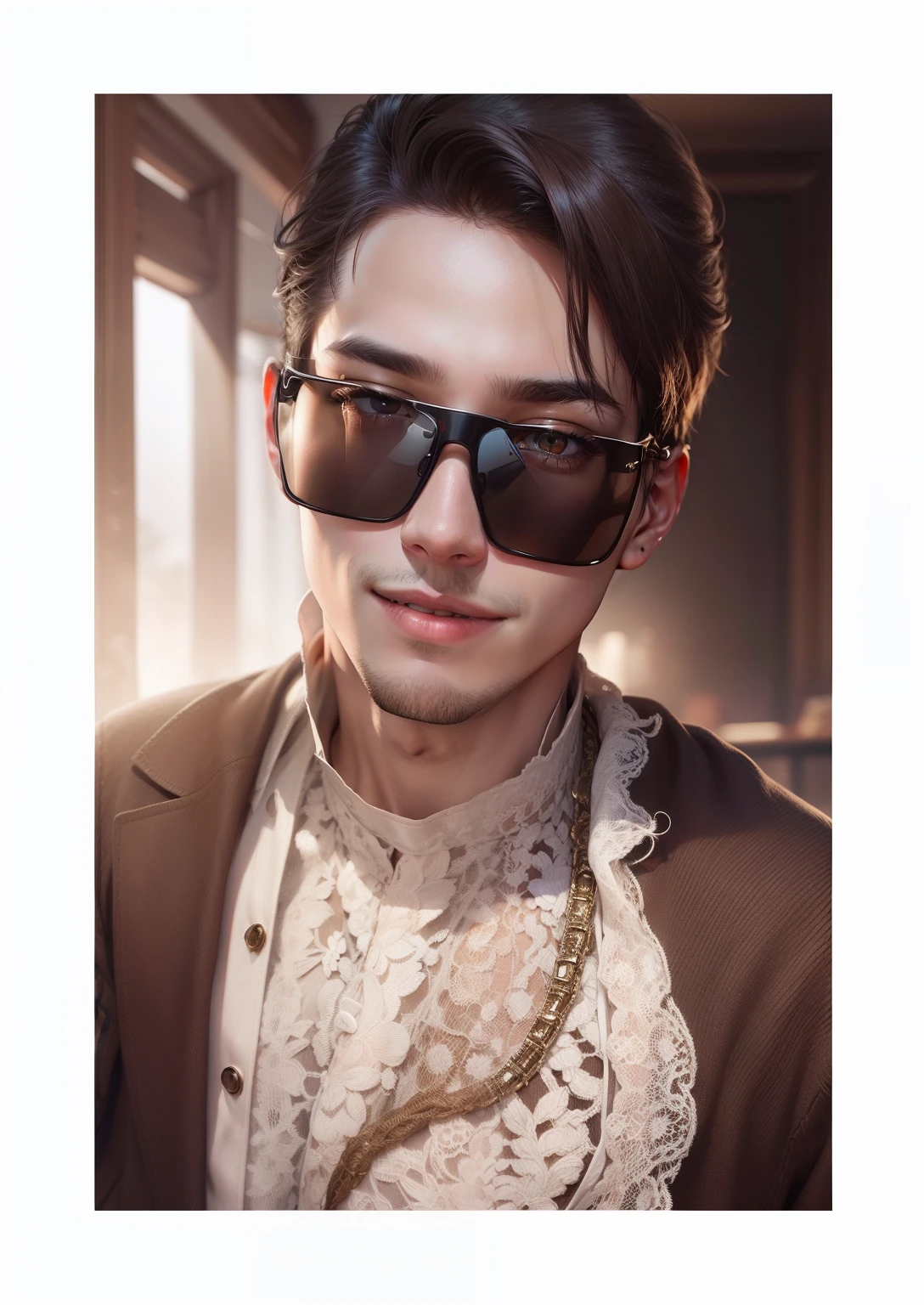 oppav3, (masterpiece, super quality, high resolution, 8k, complex: 1.2), (detailed face: 1.2), (wearing a white shirt: 1.5), handsome, detailed skin, pores, absurdity, lump, 1 boy, male focus, (realistic)), good lighting quality, delicate body, hallyu idol, ((pale skin)), bend, balanced eyes, brown eyes, smile, white teeth, smooth hair. remove sunglass