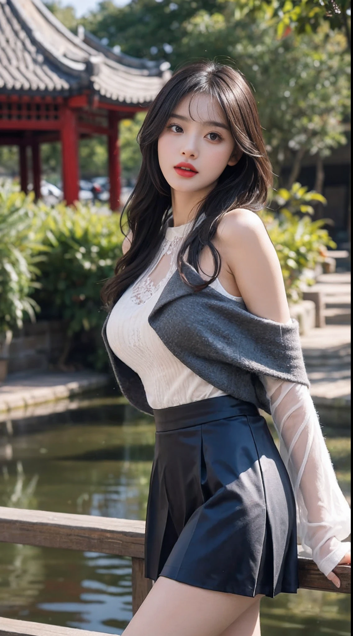 A perfect young female white-collar worker，Chinese big breasts，High picture quality，Works of masters，Black hair，Long hair shawl，Long hair flowing over the shoulders，Beach wave hairstyle，cropped shoulders，鎖骨，exquisite face，Hydrated red lips，（（Wear colorful and stylish summer sailor suits））（red colour，blue colors，green color，Violet-orange，In pink，amarelo，Printed clothing），Kurfo，，Colorful pleated skirt，white stockings，over knee socks，Magic starry sky dress，Lace skirt，Puff sleeve skirt，Tassel elements，Lace paneled elements，Openwork elements，Texture element，Real Human，CG rendering，16k，Stand up，Suzhou Garden，On the bridge，Do not show your hands，Close-up shot