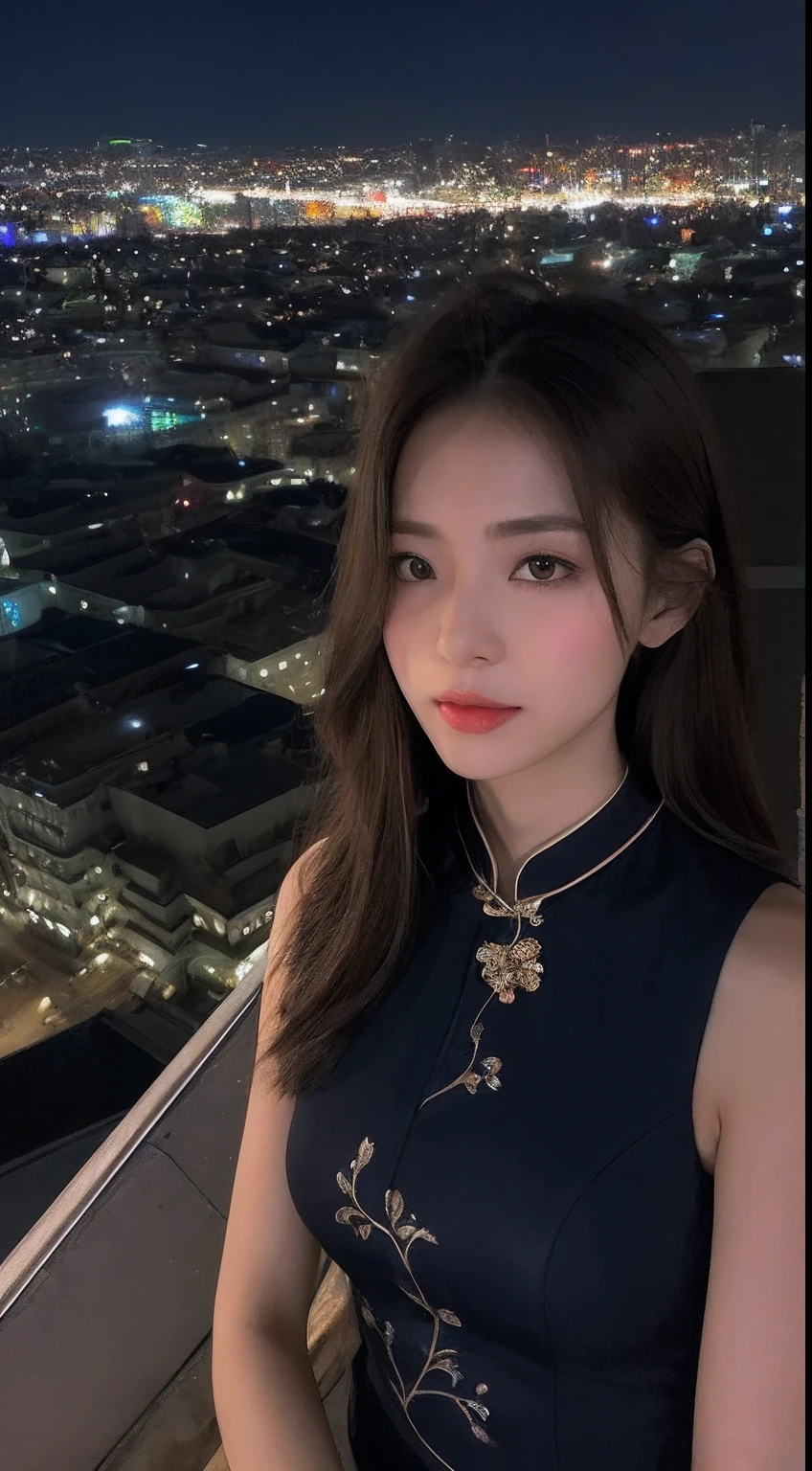 ((top-quality、8k、masterpiece:1.3))、Height 175cm、full bodyesbian、long legged、Crisp focus:1.2、Beautiful Women in Perfect Style:1.4、Slender abs:1.1、((Brown hair、huge tit:1.2)) 、(White shirt in sheer fabric、happy facial expression、standingn:1.2)、((city night scene、balconies:1.3))、Highly detailed facial and skin texture、A detailed eye、二重まぶた