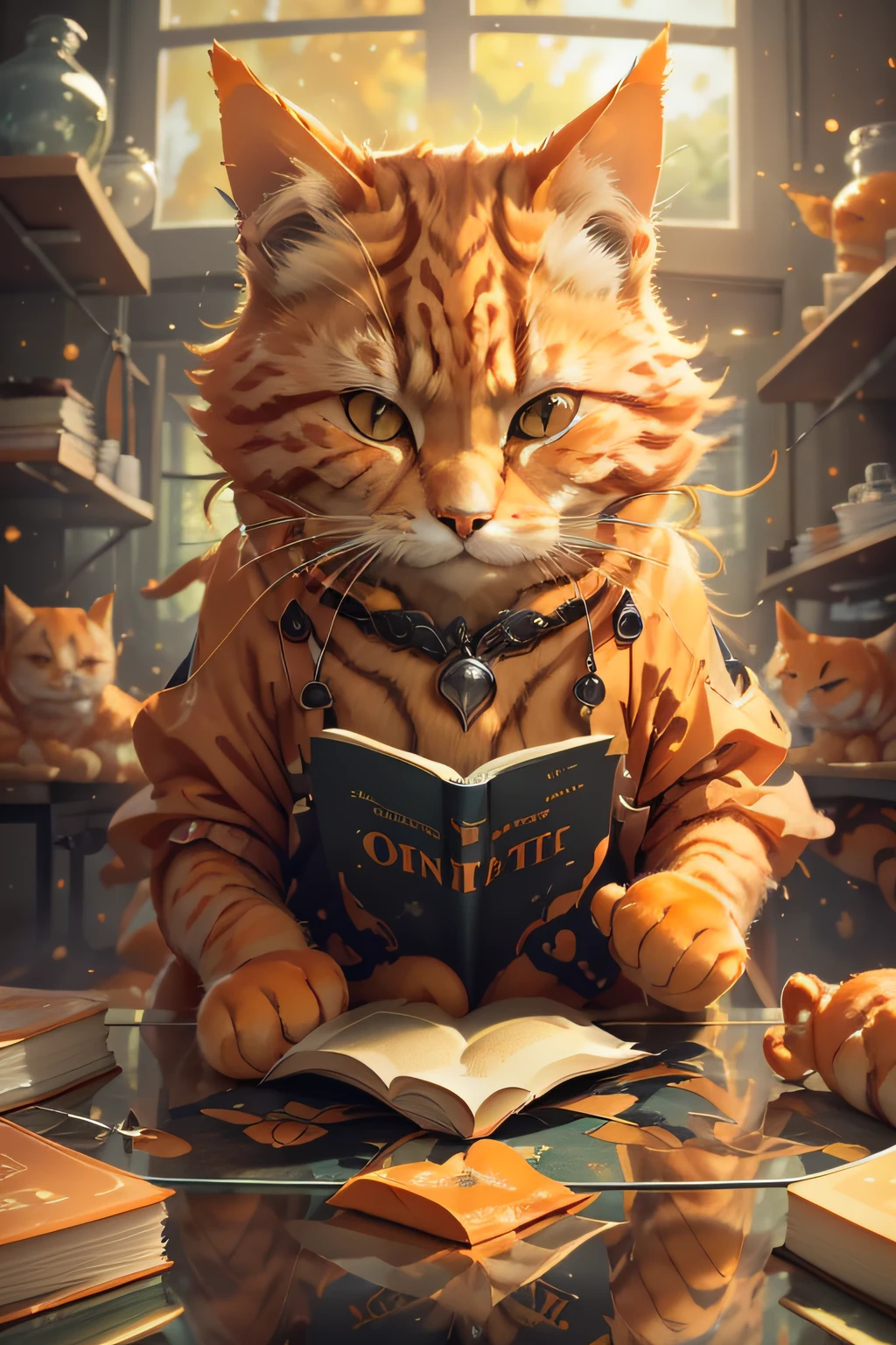 close up photograph (Orange orange cat cat preparing to read a book on the table:1.2), (c4ttitude:1.3), In the Glass Technology Study, Surreal and intricate details, (nebulous:1.1), Bai Xiao's perspective