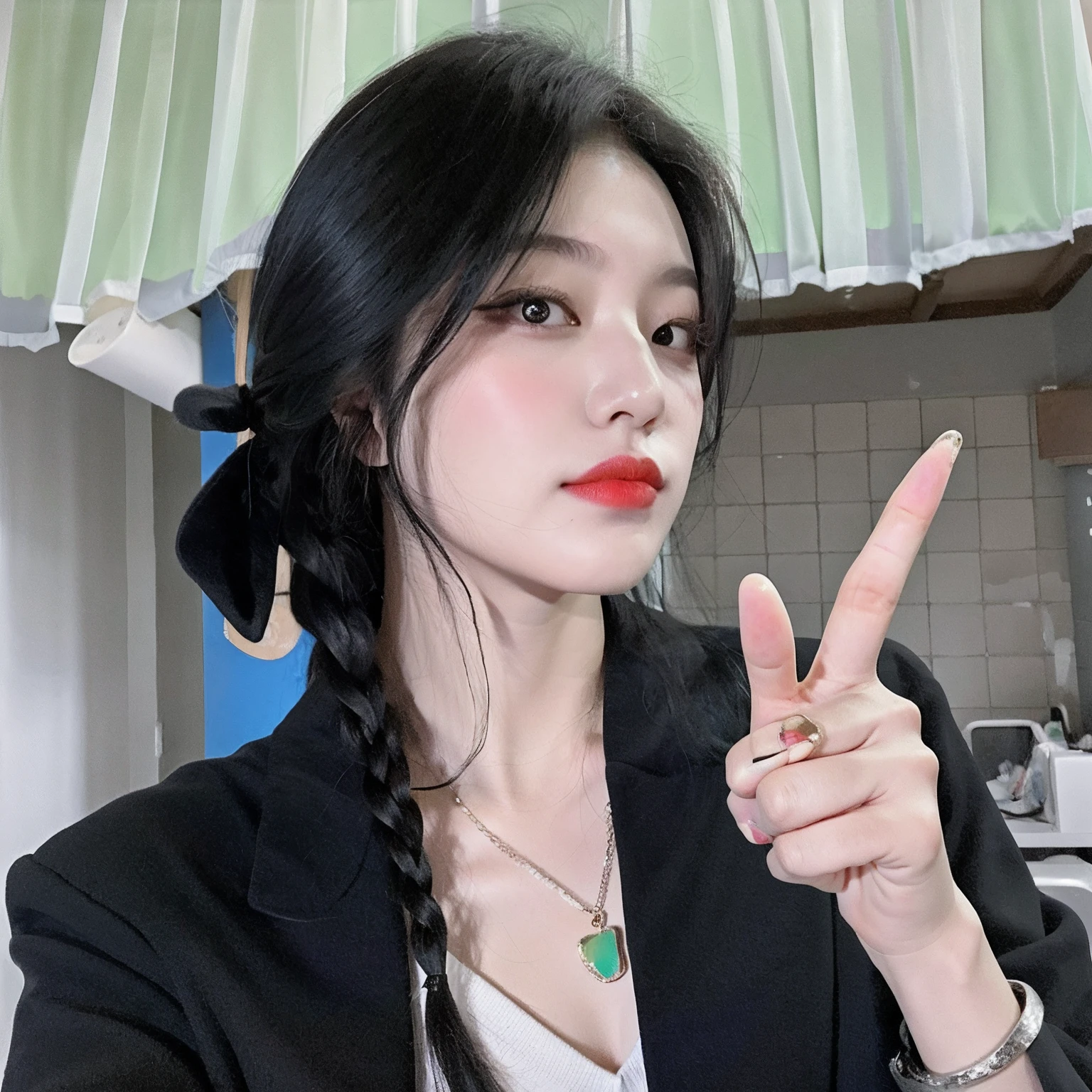 there is a woman that is making a peace sign with her hand, with index finger, cruel korean goth girl, 8K selfie photos, selfie of a young woman, with straight black hair, With long hair, very very low quality picture, giving the middle finger, sakimichan, ulzzangs, with fingers, 8K))
