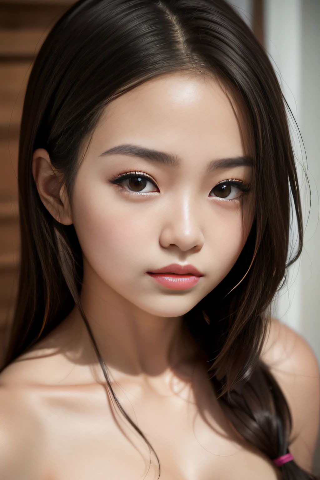 Portrait, 18 year old girl, Asian, realistic face, looks at viewer's face, (((naked))),