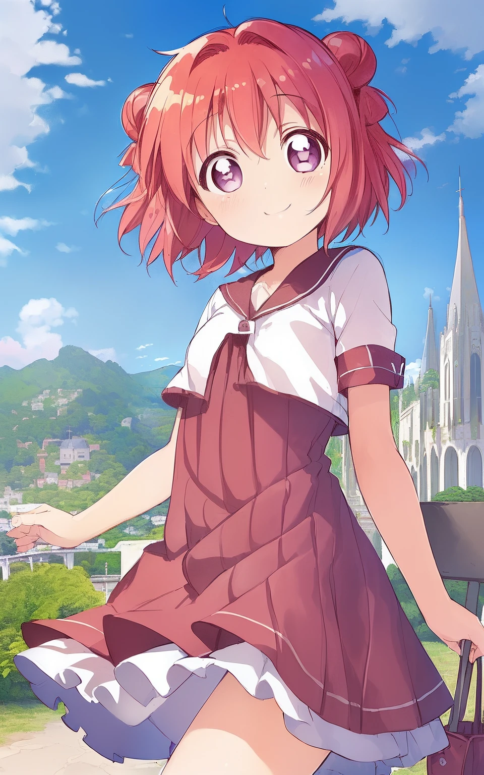 ((masterpiece)),(((bestquality))),((ultra-detailed)),((illustration)), ((disheveledhair)), {extremely detailed},  (akari feature),  outdoors, blue sky, detailed background, cloud, smilling, flush,((akari akaza))