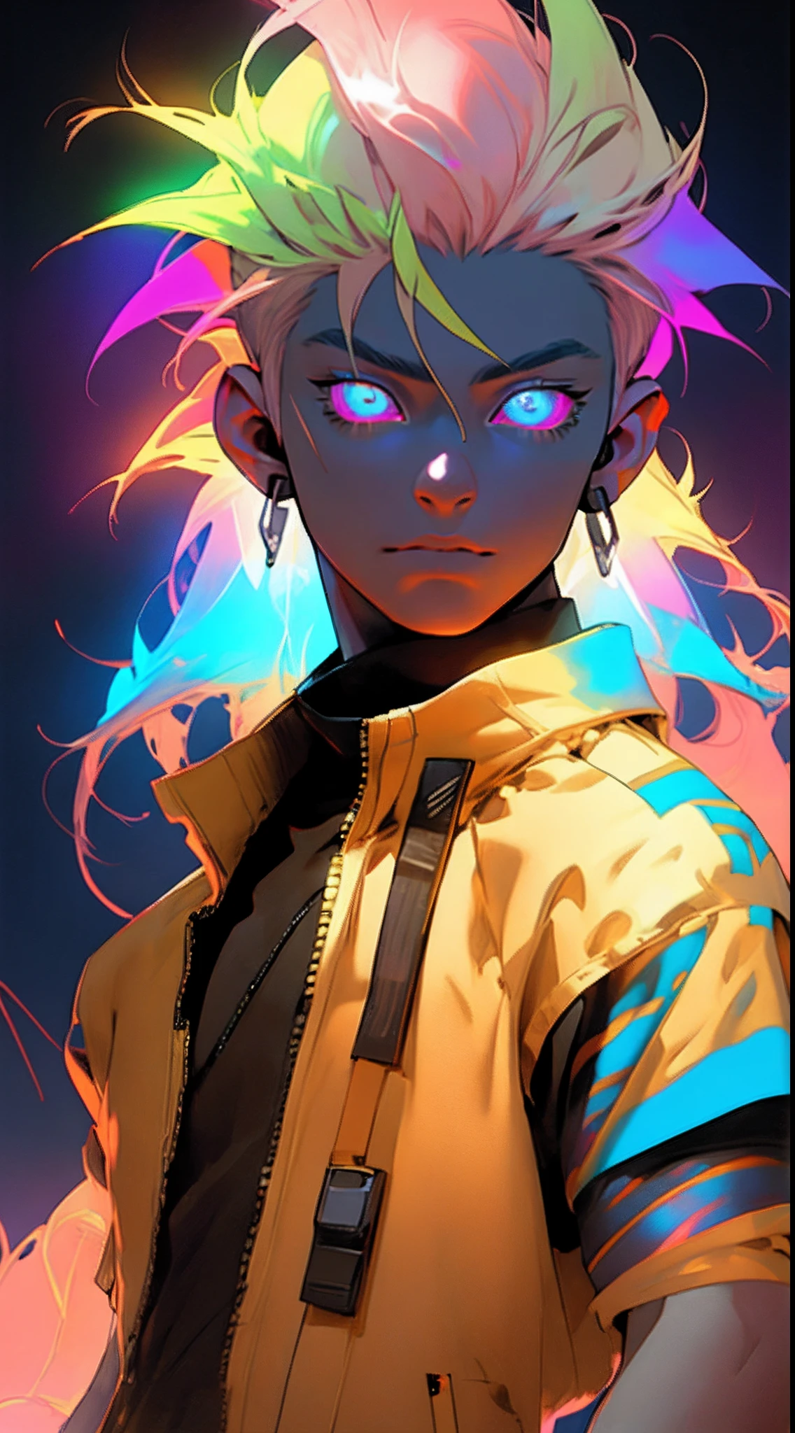 8k quality, ultra detailed, galaxy background effects, 1boy, rainbow color hair, glowing eyes