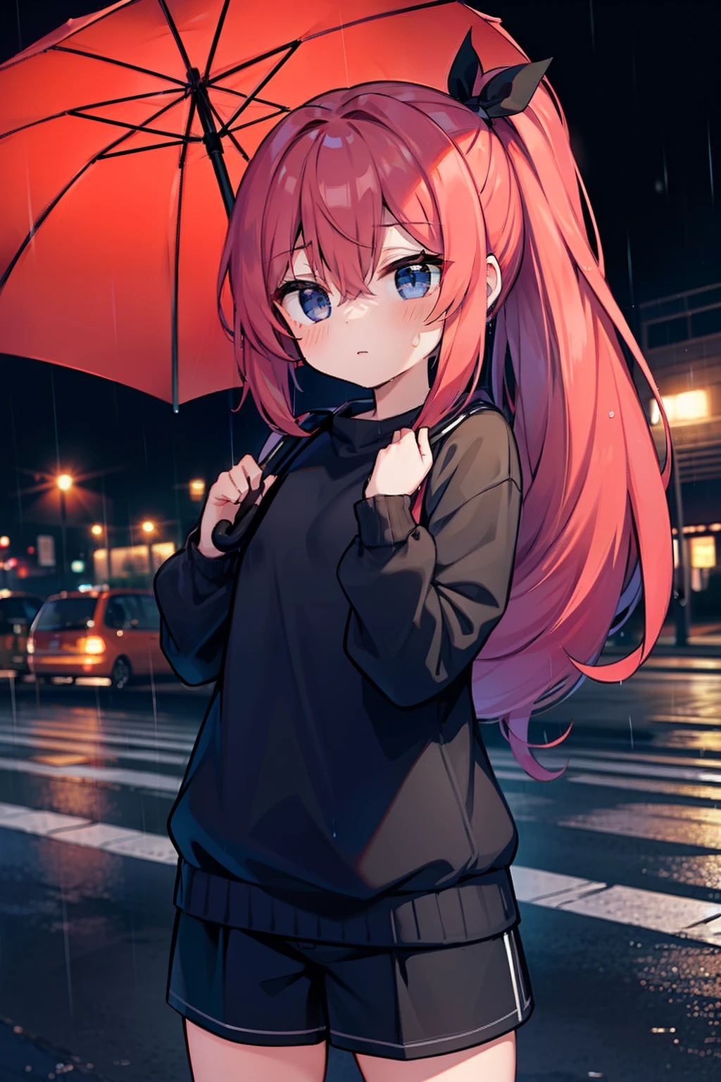 masterpiece, best quality, 1girl, elementary school student, long hair, ((red hair)), waist-length hair, ponytail, blue eyes, standing in the middle of the crosswalk, a crosswalk, Traffic light which the red lights on, ((raining)), ((in the night)), midnight, dark, wearing a black sweatshirts, short pants, with one's hands down, ((detail face)), ((holding a black umbrella)), ((expressionless))