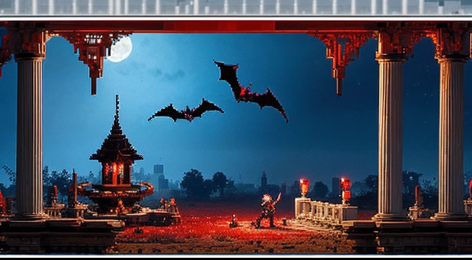 pixel game,scenography,fantastical scenes,Bloody moonlit night,Red Moon,Vampires,the bats,levitating, Pixel art #pixelart