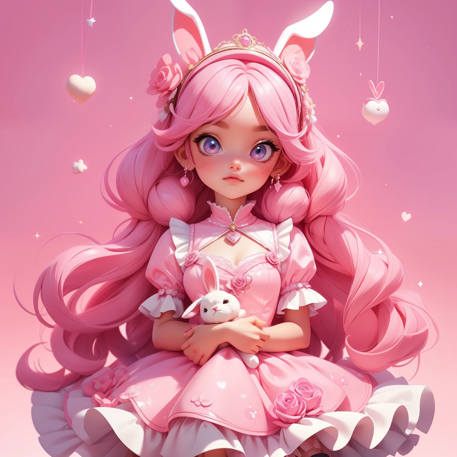 An image of a girl in a light pink dress holding a teddy bear,Pink Long Hair,fairy core, Hinged doll with ball, Sweet surreal rabbit, portrait of magical lolita girl, style of magical girl, Beautiful light pink alien girl, Lolita style, Soft pink, kawaii aesthetic, angelic pretty, Loli, lolita fashion, A touch of pink girl, hyper HD, 8K, 16k, (((Masterpiece))), Fantasy art,{{{Light pink wall background}}},Lots of pink teddy bear toys in the house,Background bokeh, atmospheric distance sense,