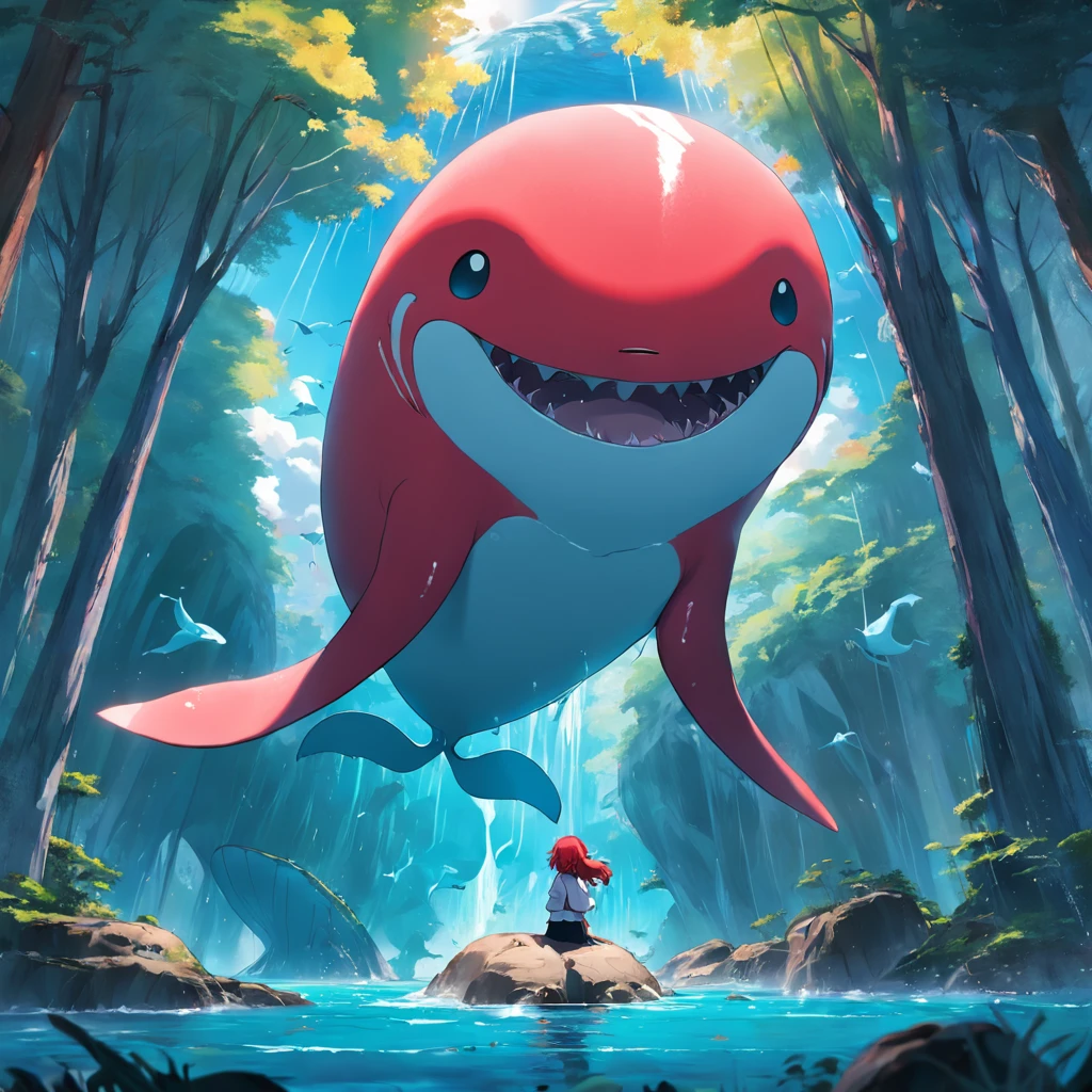 Fantastic atmosphere with a red-haired girl perched on a fat red whale, Cute whale image, The whale's tail is pointing upwards in the air, Fantastic forest with big trees in the background,