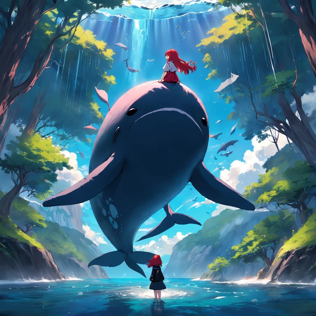 Fantastic atmosphere with a red-haired girl perched on a fat red whale, Cute whale image, The whale's tail is pointing upwards in the air, Fantastic forest with big trees in the background,