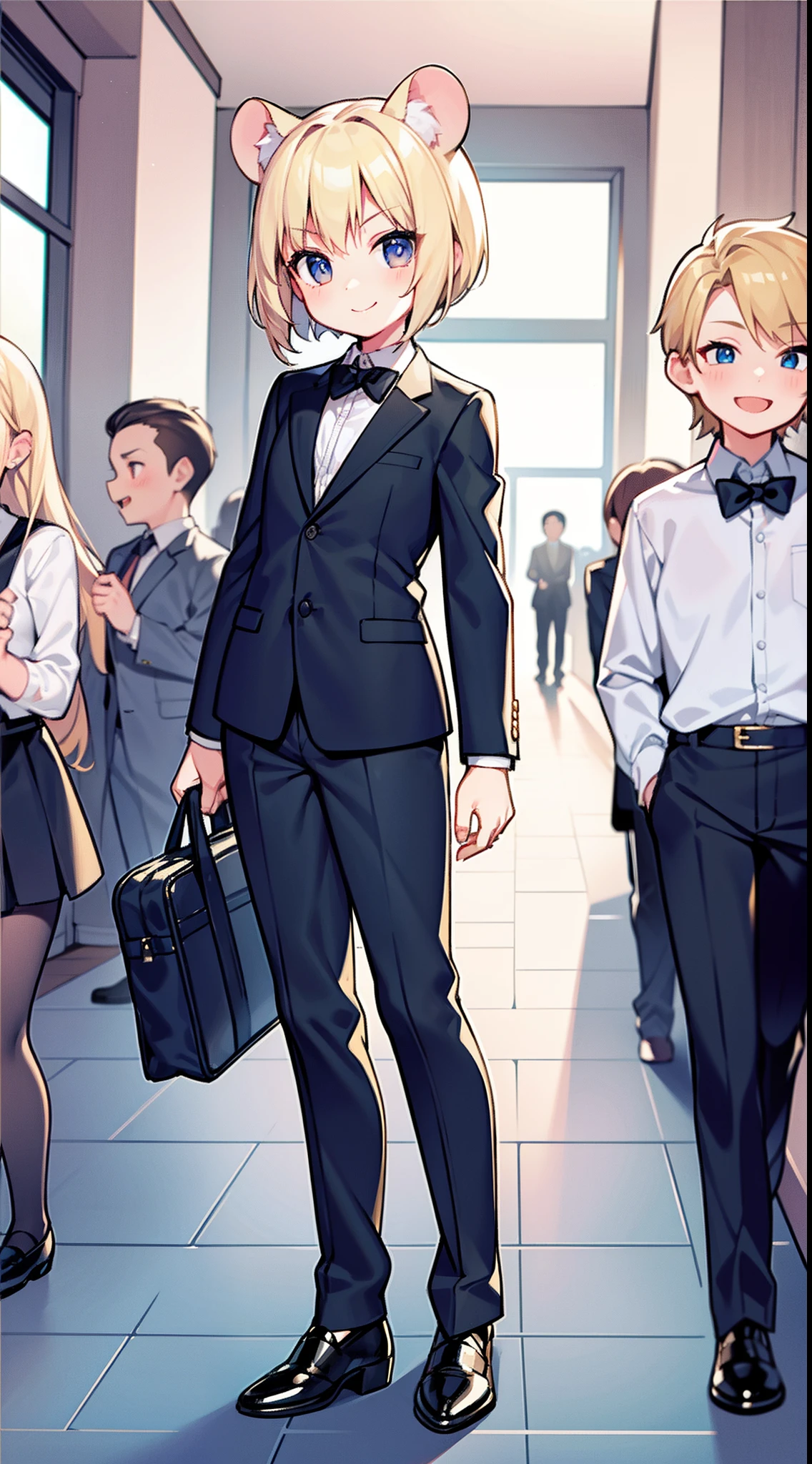 Little Mouse Boy 7 years old, Womanizer, in a crowd of different girls 14 years old, who look at him with delight, a happy, Smiling, first-grader, at the school, in a strict three-piece suit, with briefcase and flowers, Bamboo mouse ears, round face, Large silvery eyes, long eyelashes, Blonde with an elegant short haircut, :, full body photographed, school classroom,