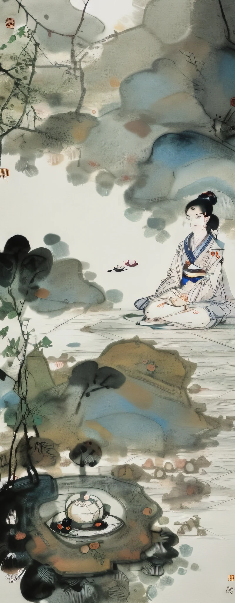 ((in 8K、​masterpiece、top-quality))、((Traditional Chinese Ink Painting))、Beautiful Maitreya is meditating 、((Full body like))、Facing the front、((symmetry))、Wearing a large cloth robe up to the bottom of his feet.、Barefoot、Do not expose the thigh、With a gentle monotone color scheme、softfocus、Grape leaves on background