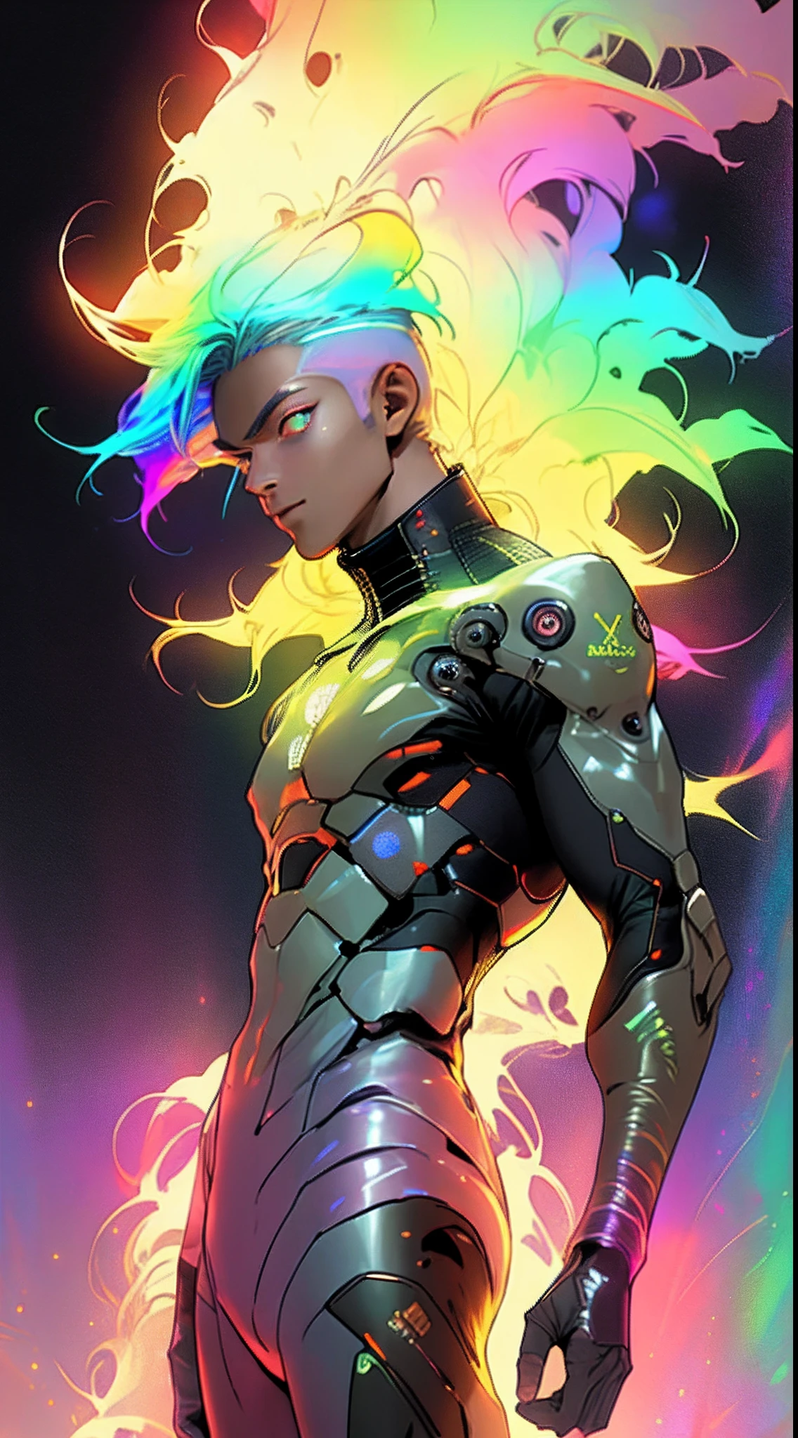 8k quality, ultra detailed, galaxy background effects, 1boy, rainbow color hair, glowing eyes, futurestic suit