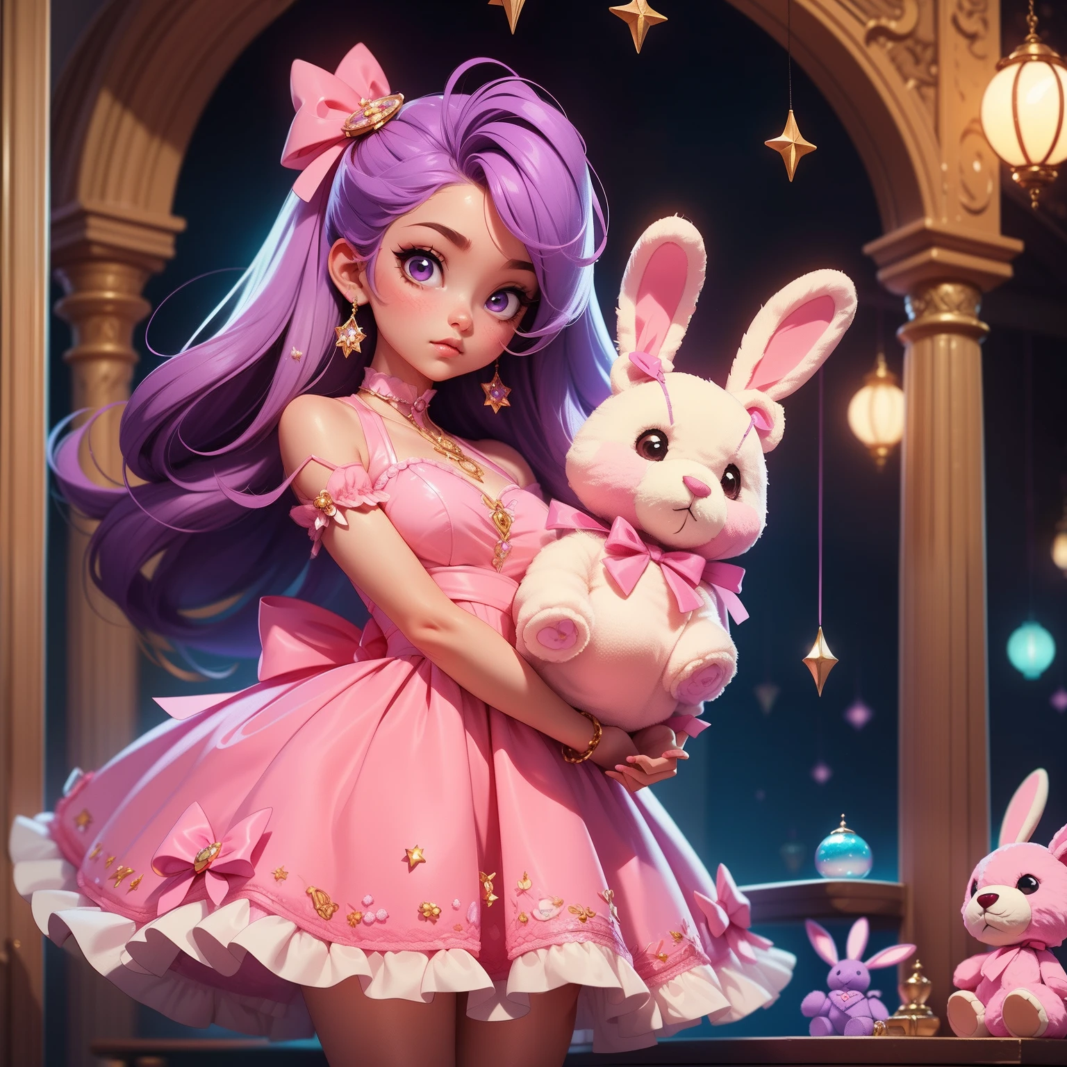 A woman in a light pink-purple dress holds the image of a teddy bear, fairy core, Hinged doll with ball, Sweet surreal rabbit, portrait of magical lolita girl, DDLC, style of magical girl, Beautiful light pink-purple alien girl, Lolita style, with soft pink colors, kawaii aesthetic, angelic pretty, Loli, lolita fashion, A faint pink-purple girl, hyper HD, 8K, 16k, (((Masterpiece))), Fantasy art,Light pink-purple room background,Lots of toy teddy bears in the house,Background bokeh, atmospheric distance sense,