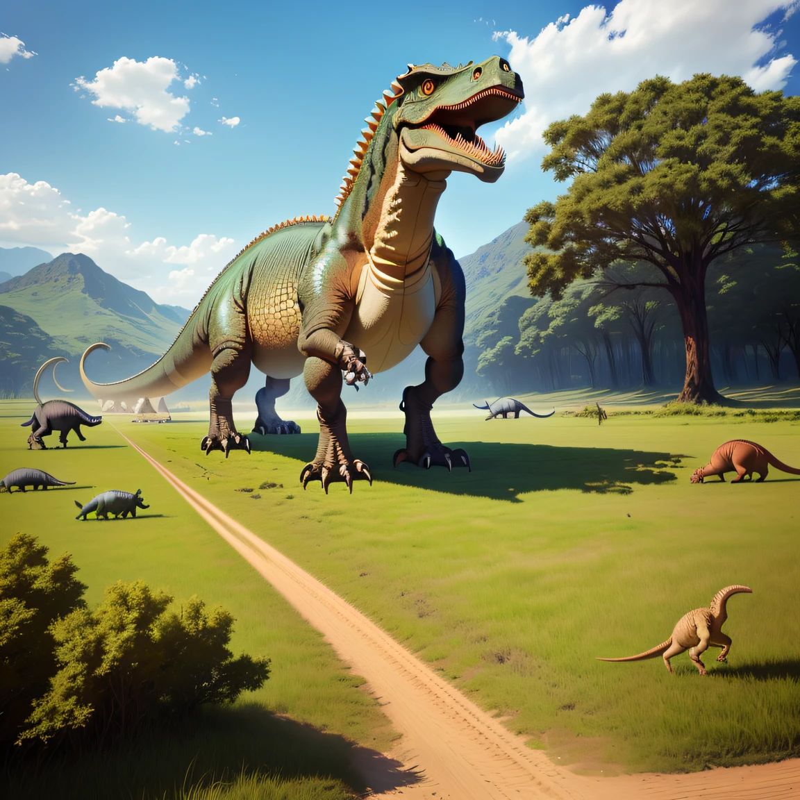 without humans，Dinosaur hunting，tyrannosarus rex，triceratops，Velociraptor and many other dinosaurs，down view，Oversized scenes，grassy fields，salama，Flesh and blood