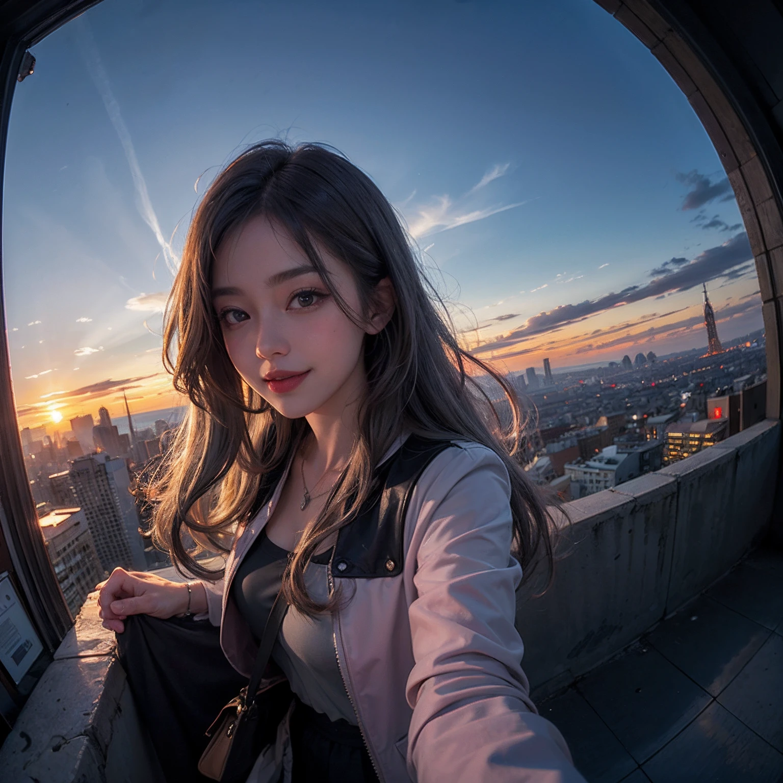 xxmixgirl,1girl, fisheye, selfie, wind, messy hair, sunset, cityscape, (aesthetics and atmosphere:1.2), gray hair,smiling,FilmGirl