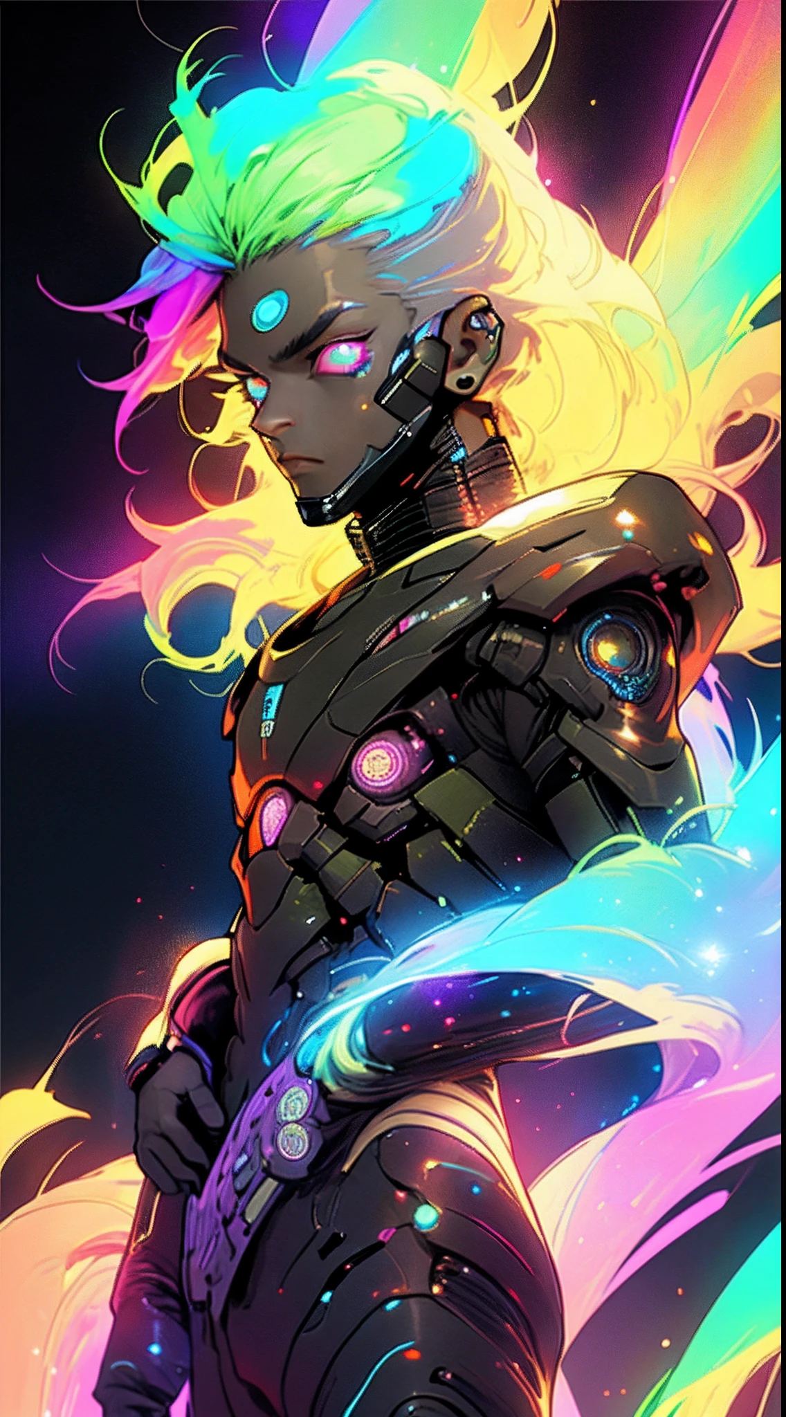 8k quality, ultra detailed, galaxy background effects, 1boy, rainbow color hair, glowing eyes, futurestic suit