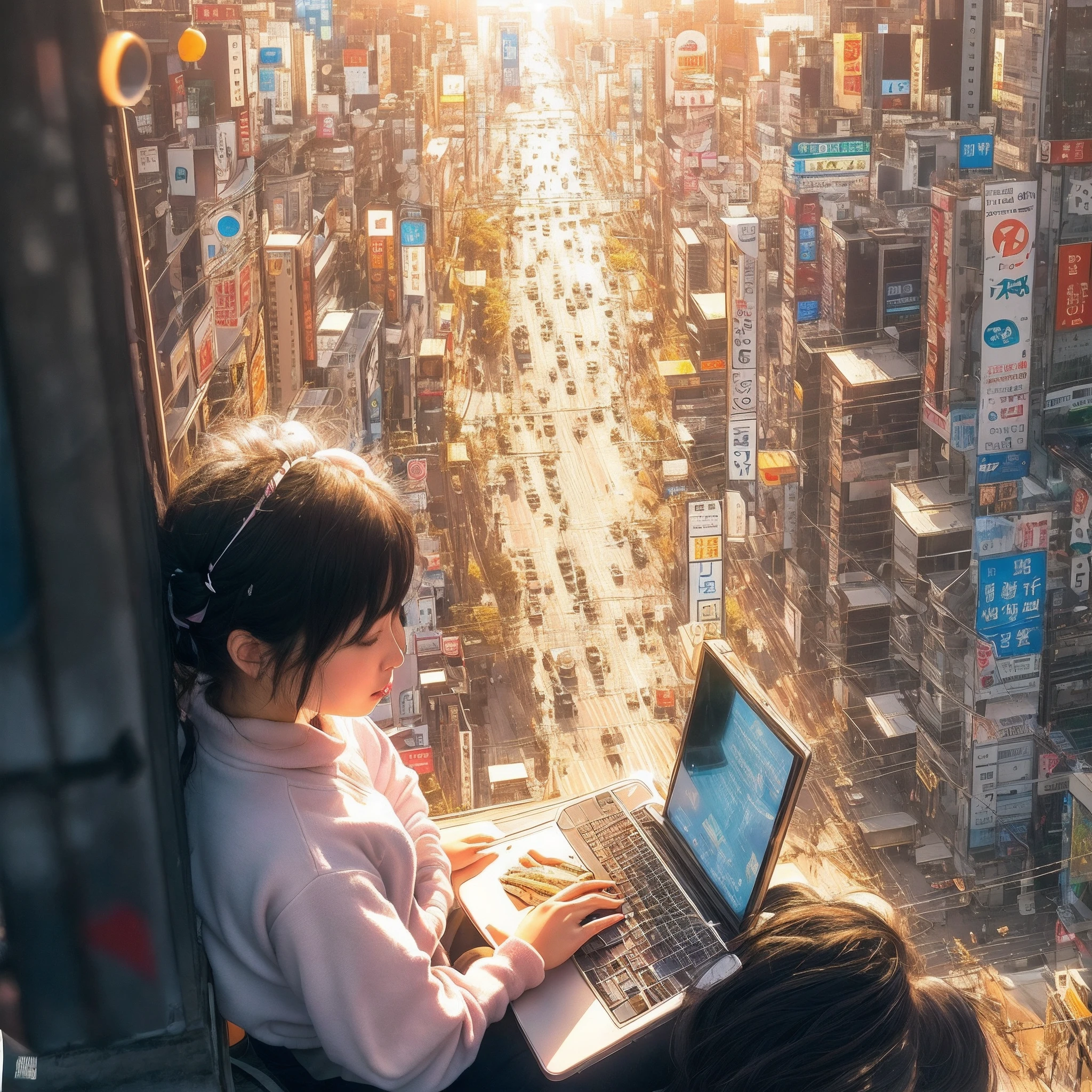 Japan 13 year old girl sitting on concrete base on building roof and operating laptop、Laptop shows interaction with AI、She is a shortcut、cute little、Wearing white summer knitwear、Beautiful fingers shining in the reflection of the sunlight、Her beautiful black hair shines in the sunlight、Sunlight illuminates the main thoroughfare above ground、people walking々There is a figure of、Vehicles look sparse、The city of Akihabara、You can see many crowded signboards、The sturdiness of the screen is"CODE ANGEL"The logo is drawn、string、Title of the novel、masterpiece、Top image quality、photos realistic、(incredibly_absurdres,huge_filesize:1.37),(masterpiece:1.37),(top-quality:1.37),(realisitic,Photorealsitic:1.2),Ray traching,Realistic lighting,(illuminations,Glow),((film grains:1.37)),(Exquisite details and textures:1.2),(8K分辨率:1.2),(ultra -detail:1.2),(Sharp Focus 1.2),(RAW Photography:1.0),(Beautiful Detail Face、Beautiful Detail Eye、 radiant eyes、long eyeslashes、blush of the nose:1.2)、((((perfect anatomia))))、full bodyesbian、ceremony、1girl in、独奏、a beauty girl、high class、(A slender:1.37)、(cute face)、(Natural glowing skin:1)、(Detailed natural beautiful skin、detailed skin textures、Detailed black hair、random hair styles)、Facial light、(ciinematic light)
