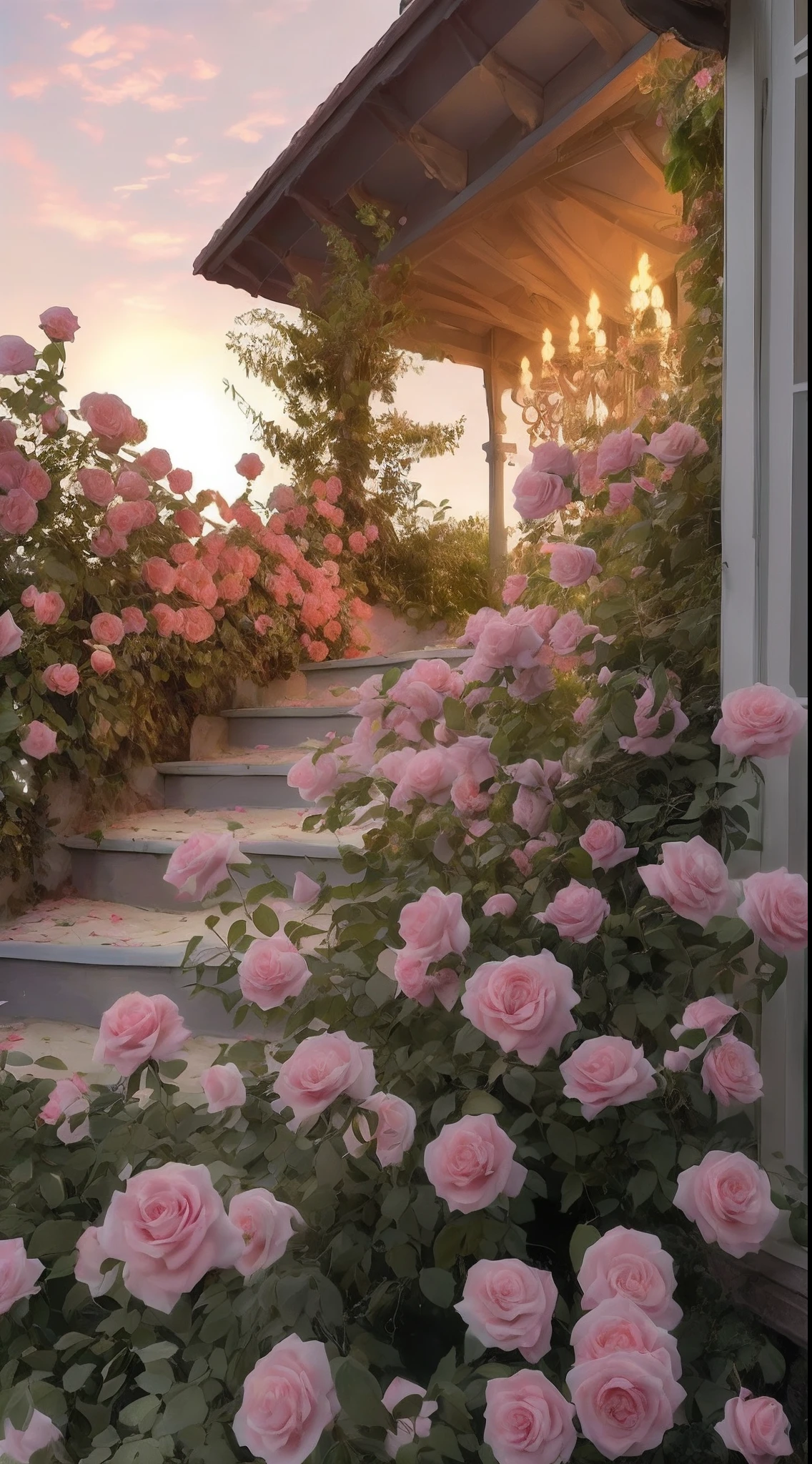 A bush of pink roses outside the house, beautiful and aesthetic, soft pink, beautiful aesthetic, roses in movie lights, lush flowers outdoors, nature and floral aesthetics, rose garden, roses, portal made of roses, beautiful images, roses, fantastic aesthetics, in a cottage core garden, pink golden hour, (masterpiece:1.6, best quality), (fine detailed beautiful eyes: 1.2), (extremely detailed CG unity 8k wallpaper, masterpiece , super detailed, best shadows), (detailed background), high contrast, (best lighting, extremely delicate and beautiful), ((color paint splatter on transparent background, Dulux,)), ((caustics) ), dynamic angles, beautiful detail glow,