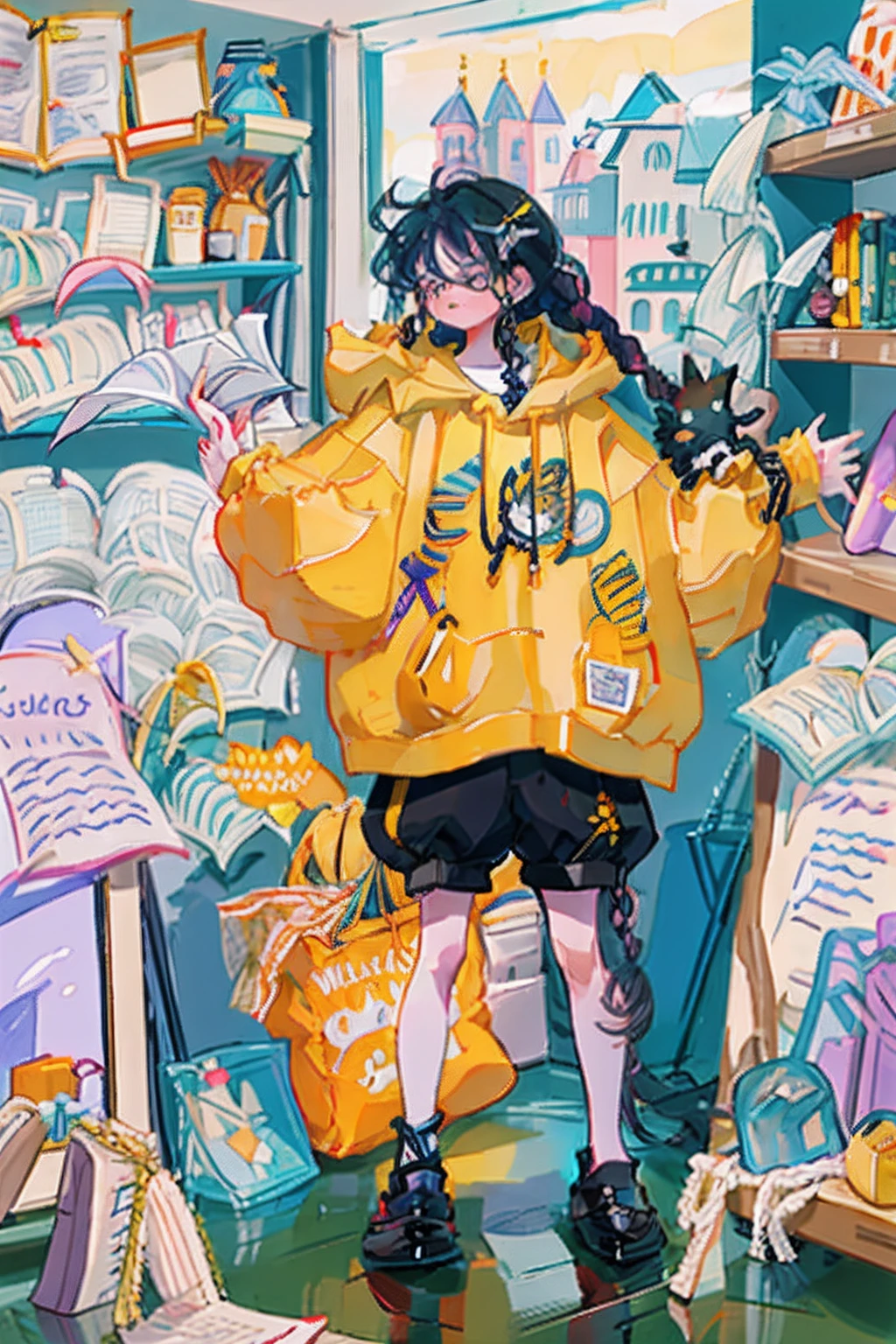 Best quality, masterpiece, 1 girl, solo, 1 girl with black curly hair, braids on both sides, bangs neatly parted on both sides of her forehead with a small hair clip on each side, yellow eyes, glasses, purple hoodie and 1 eye-length black and white striped sweatpants ankles, wearing flat shoes, calm expression, a mole under her right eye, next to the girl is a black cat. The cat with big yellow eyes is lying in the girl's arms, in the other hand the girl is holding a novel, behind is a library with shelves full of books. Perfect hands