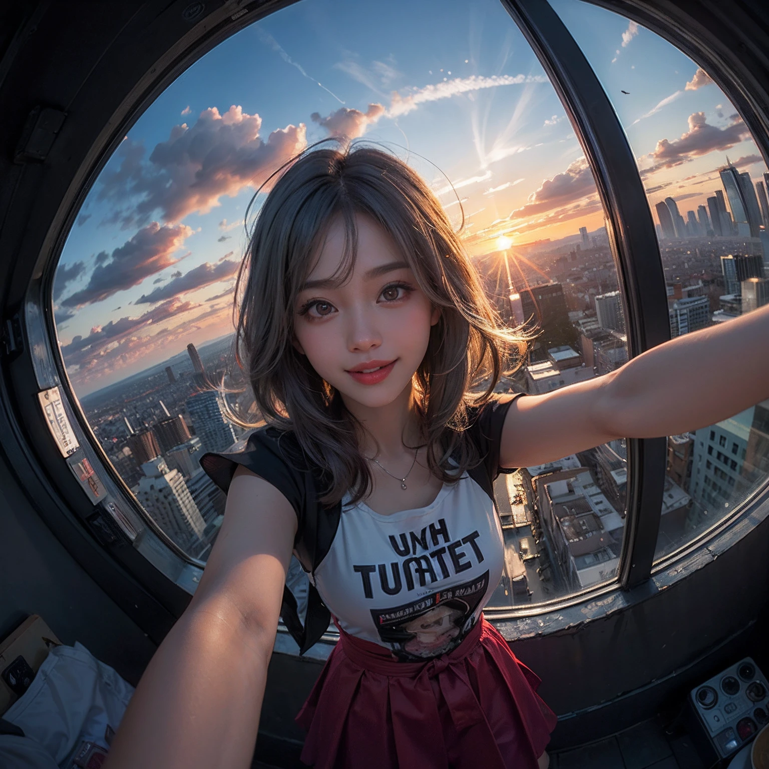 xxmixgirl,1girl, fisheye, selfie, wind, messy hair, sunset, cityscape, (aesthetics and atmosphere:1.2), gray hair,smiling,FilmGirl