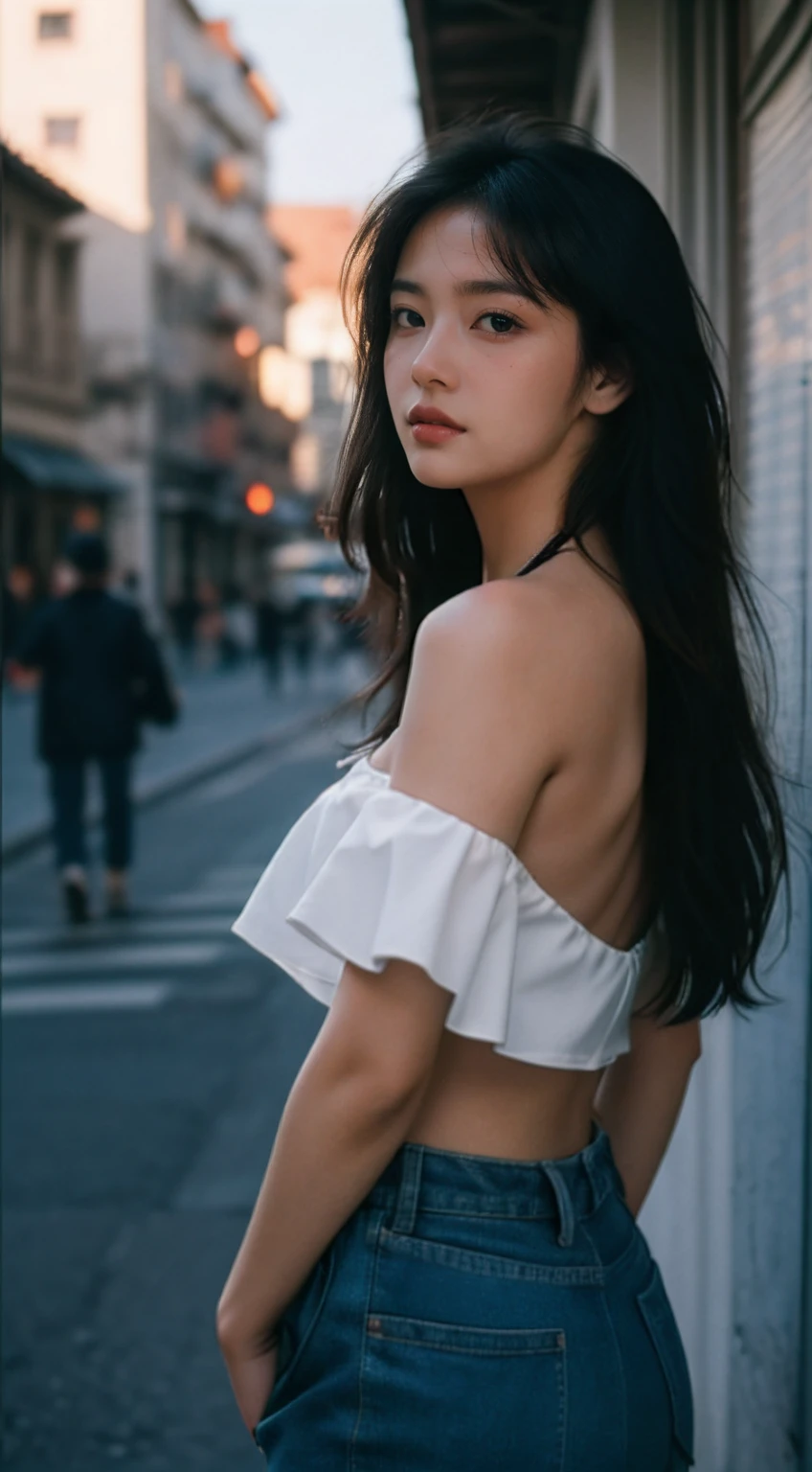 Best quality, masterpiece, ultra high res, (photorealistic:1.5), raw photo, 1girl, black offshoulder, show back,street background , deep shadow, low key, warm light, sexy look, long hair,35mm film