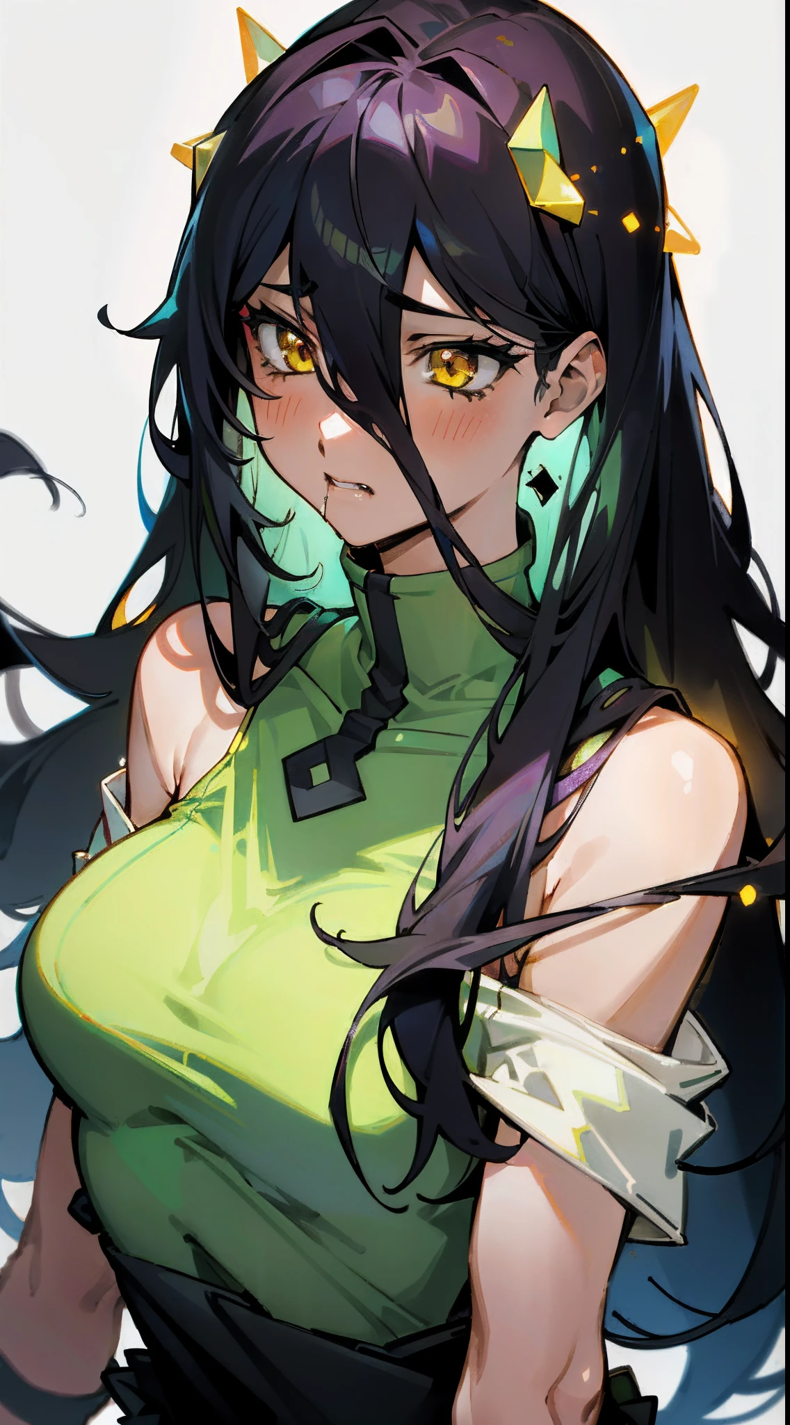 Explicit,nsfw,1girl,Solo,(red eyes and black eyes:1.3),light hair,grey eyes,best quality, very aesthetic, absurdres,eyes,breasts,attractive,adorable,simple,side locks,sideburns,bigbreast,(Gradient hair),(black hair:1.3),(Androgynous:1),(straight on),big breast,Good skin,straight hair,looking at viewer (red and black),(White Breath),upper body,(wide