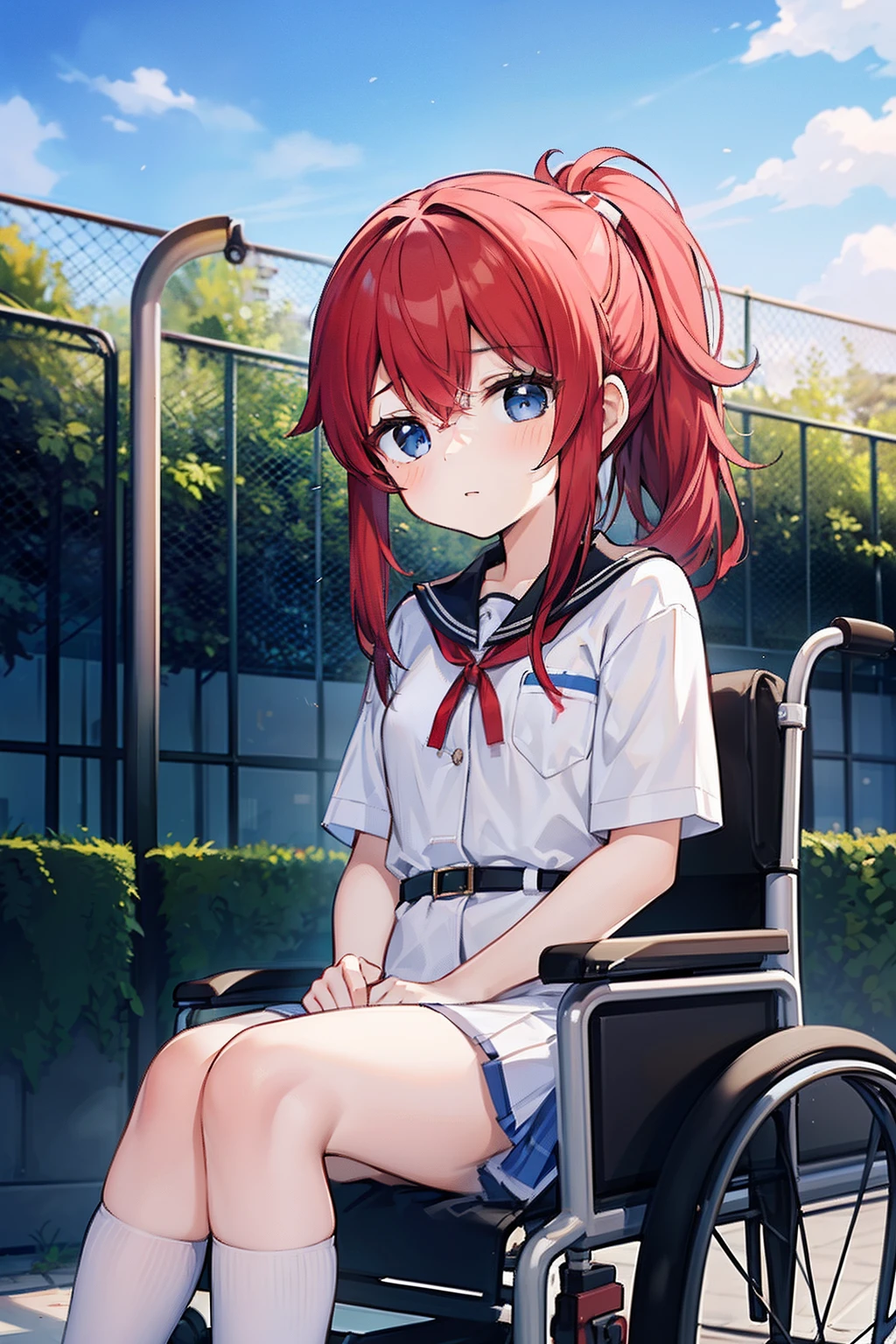 masterpiece, best quality, 1girl, elementary school student, long hair, ((red hair)), waist-length hair, ponytail, blue eyes, on the the roof of a hospital, fence, (sitting in a wheelchair), wearing a hospital clothes, ((detail face)), ((expressionless))