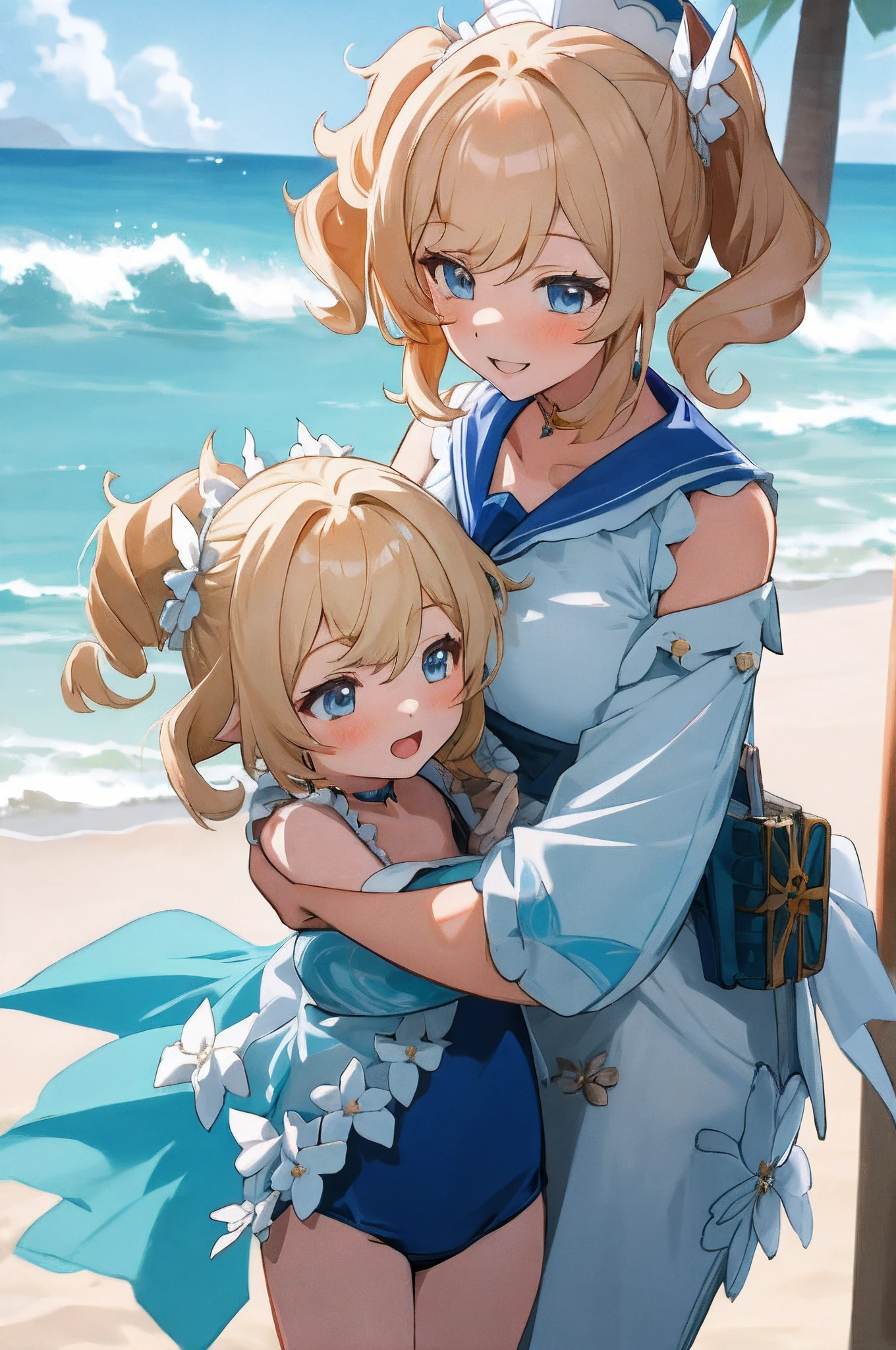 Anime images of two women，Medium hair, Savage（Genshin_impact），Two Curly blonde ponytail, Girl on the beach, Sea background，Anime fantasy illustration, , Genshin, two beautiful anime girls, Mother and child, cheerfulness,Very young mother,，Mother and child play together，More details，swimwear
