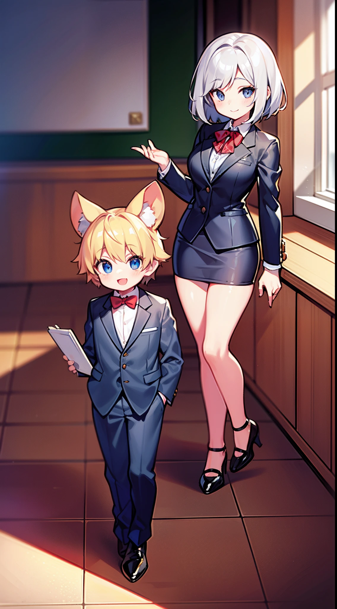 Little Mouse Boy 7 years old, Womanizer, Masterfully hugs cute spectacular red-haired high school girl 16 years old, in a crowd of different girls looking at him enthusiastically;,a happy, Smiling, first-grader, at the school, in a strict three-piece suit, with briefcase and flowers, Bamboo mouse ears, round face, Large silvery eyes, long eyelashes, Blonde with an elegant short haircut, :, full body photographed, school classroom,