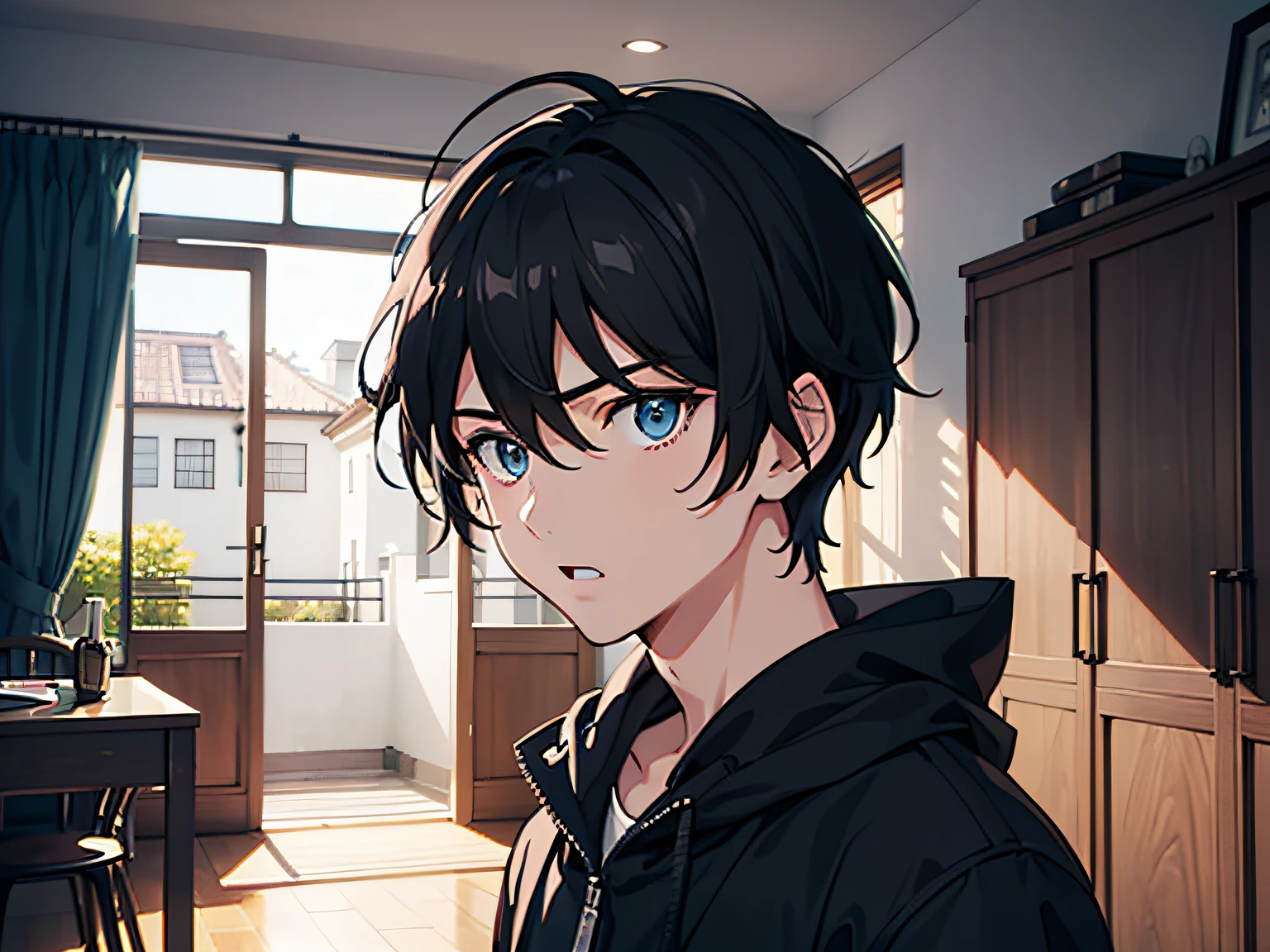 One boy looked surprised,Black color hair,blue color eyes,Handsome,inside the house,Illustration anime style,Dark 4K, hyper HD, Masterpiece