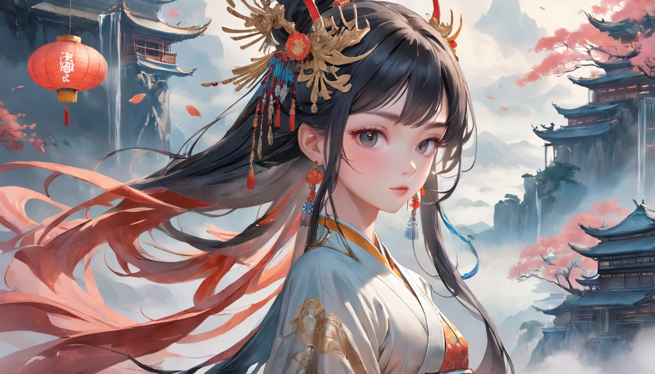 full bodyesbian,A goddess, Beautiful facial features，Chinese costume, Hanfu, Headwear, Hair accessories, Earrings, jewelry,Fairyland on earth, Soft light, Tradition Chinese Ink Painting,delicated face，Normal hands，Ancient Chinese landscapes，fantasy，Floating island，Chinese style buildings，The crane flies in the air，palaces,Pavilion，ink and watercolor painting，in wonderland ， rays of sunshine， white backgrounid， tmasterpiece， super detailing， Epic composition， hyper HD， high qulity， extremely detaile， offcial art， 统一 8k 壁纸， super detailing， 32K，High picture quality，A high resolution，（Very detailed CG unity 8K wallpaper）