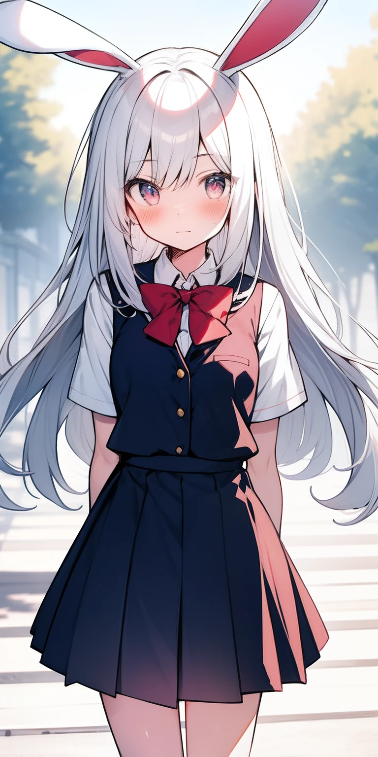 Solo Girl,、、Girl ,From the side,Long Hair, Silver Hair, Bright Blue Eyes, Mid-chest,Red bow tie, Dark blue pleated skirt, Long sleeve shirt, Dark Blue Vest, Outdoor, Flowing Wind, 最high quality, High resolution, Very detailed, Detailed Background, Perfect lighting、masterpiece、Best image quality、最high quality、girl , (cryin,)、((Scared)) , masterpiece, Anime art style, Cute Characters, Most detailed, high quality、(((cry)))、(missionary, 1boy, peniing, vaginale,ov, spreadgs, Sex, blush、steam、Sy Hair、Very fine and beautiful bright eyes、Very detailed, clear and beautiful face, Awards, Anatomically correct、((missionary position,man on top, red))