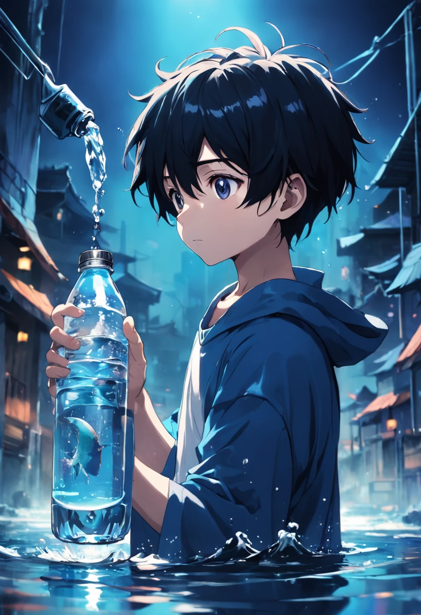 Water canvas in fiber and light art, (1 3 boy:1.3), with short black hair,Hold the bottle, Drink water, High quality, High contrast, ultra fine detailed, Night, At the Fantasy Studio,full bodyesbian,