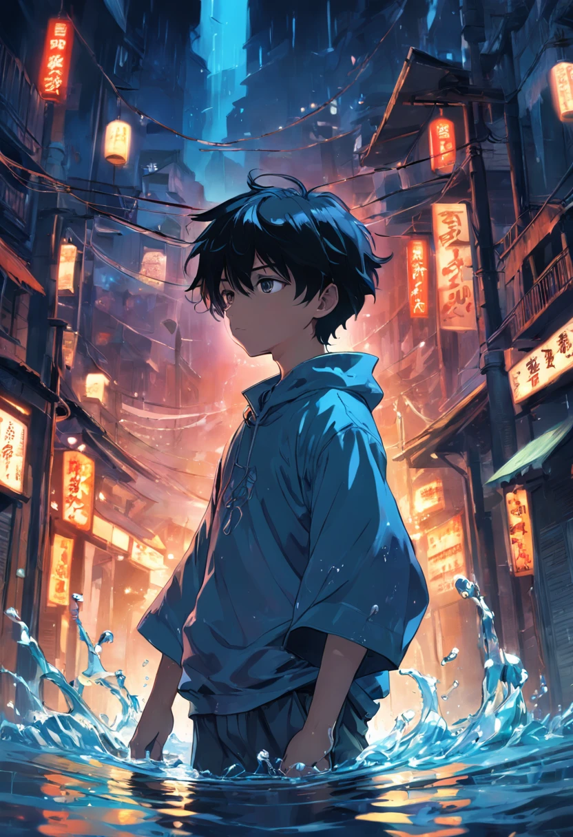 Water canvas in fiber and light art, （1 3 year old boy：1.3）, with short black hair，Hold the bottle, Drink water, High quality, High contrast, ultra fine detailed, Night, At the Fantasy Studio,full bodyesbian，