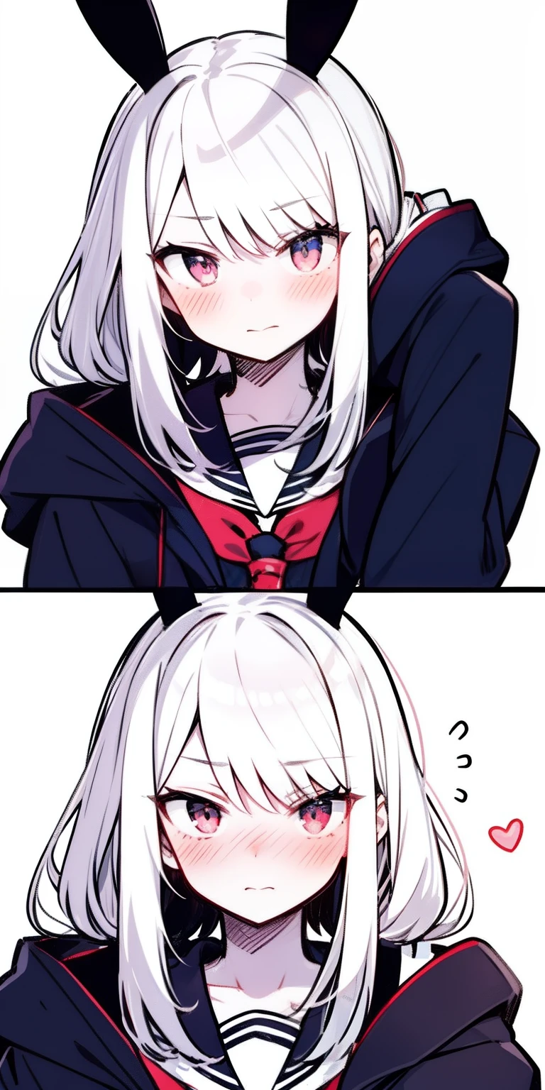 Anime girl with white hair and bunny ears, ruby eyes, shy blush, school uniform, high contrast, soft light