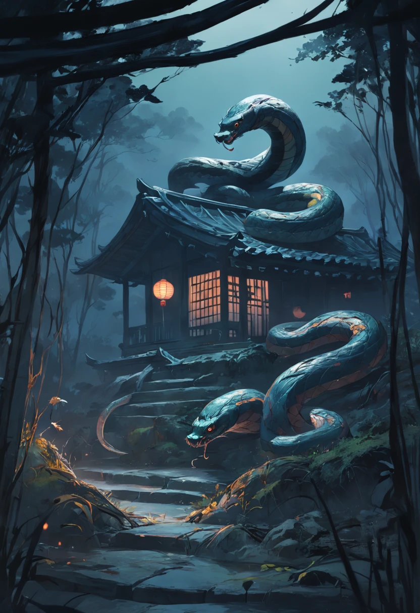 Lots of small snakes,Twist on the ground,In the house,Eerie light,Dark night,high high quality,fog atmosphere,(Chinese folk suspense supernatural comic style),High detail, Sharp focus, Dramatic,The art of painting by Midjourney and Greg Rutkowski, Bokeh on the background