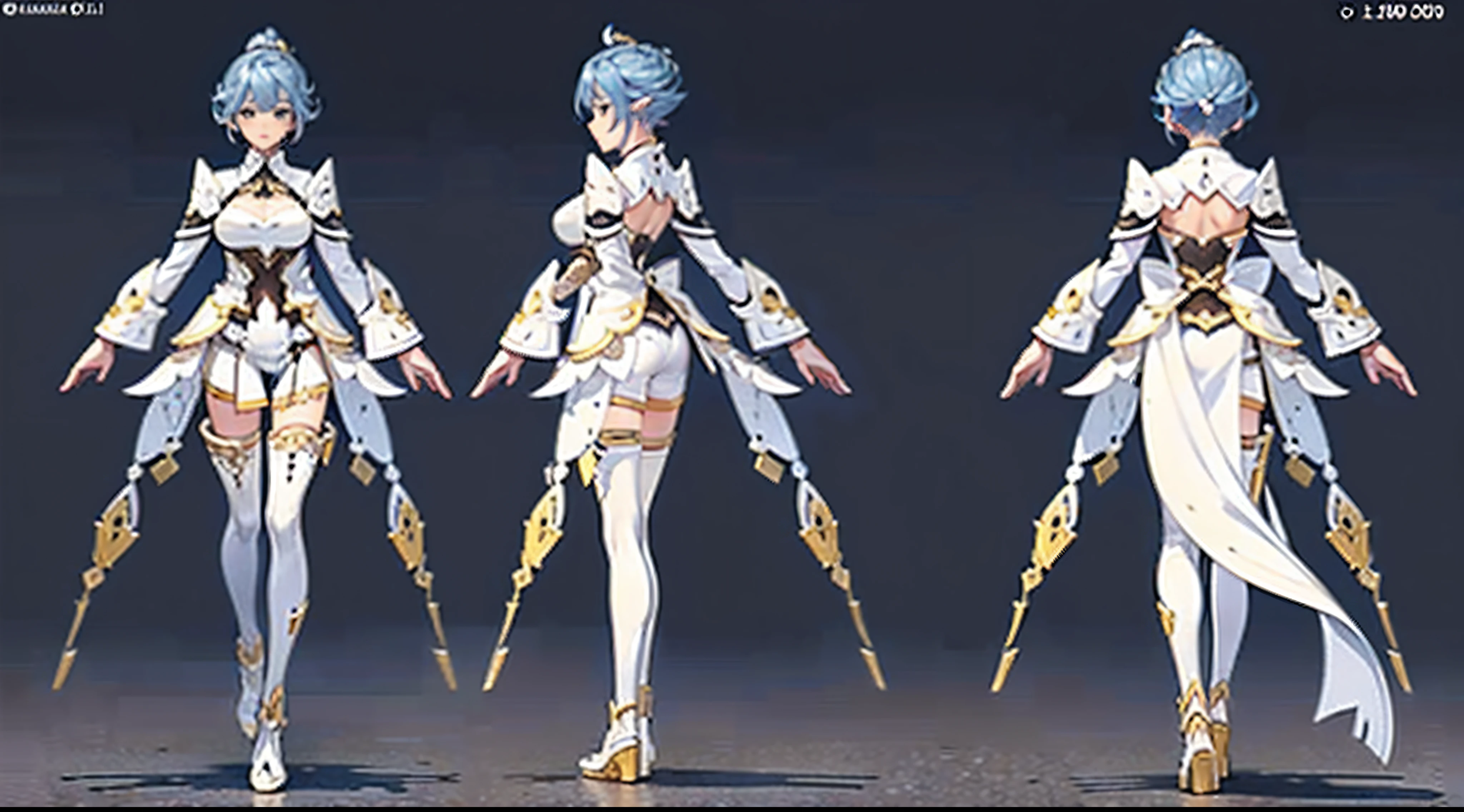 Glossy glossy skin, (Single background,white backgrounid:1.3),multiple views,Multiple views of the same character in the same costume:1.3。masterpiece, character reference sheet, best character design sheet, 1 woman, 20 years old, ((granblue fantasy character)), wearing blade and soul and granada espada hybrid costume, complete full body, ((1 perpective view and 1 front view and 1 back view only)) light colors themed costume design, symmetrical elements in costume, costume simulation detection like in CLO, marvelous designer, 8k resolution, ultra high definition image output