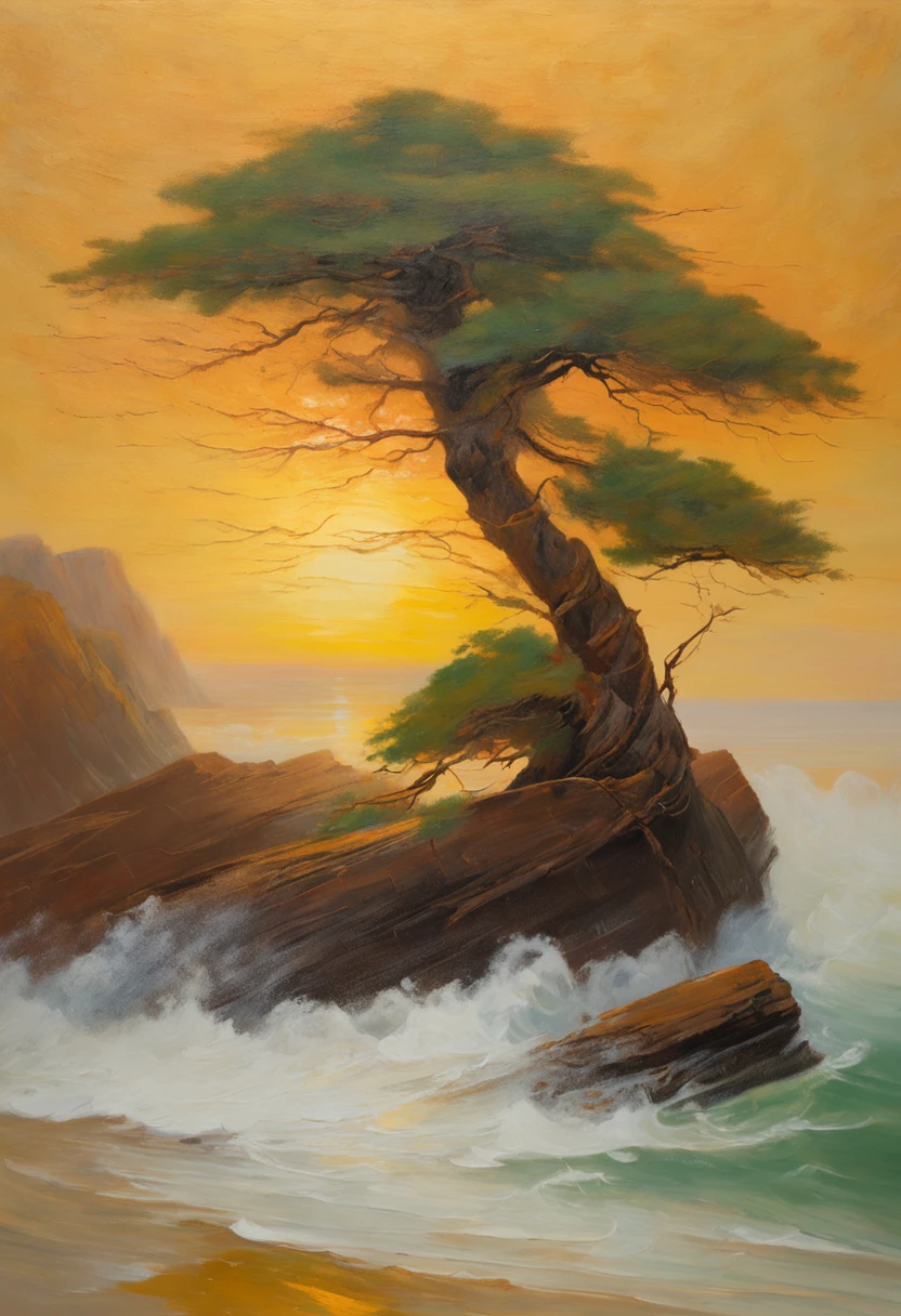 painting of a pruned low Cedar bonsai by the sea with waves. Compact and low windblown Cedar tree on lush eroded dune, surrounded by flowers. misty moisty morning sunrise. One single horizontal curved trunk, thick trunk, roots grabbing around stone, dynamic composition, low center of gravity. Minimalist bonsai style. Detailed painting by Alexandre Calame, Albert Bierstadt,Alfred Augustus Glendening, Van Gogh. long-shot. lagune.
