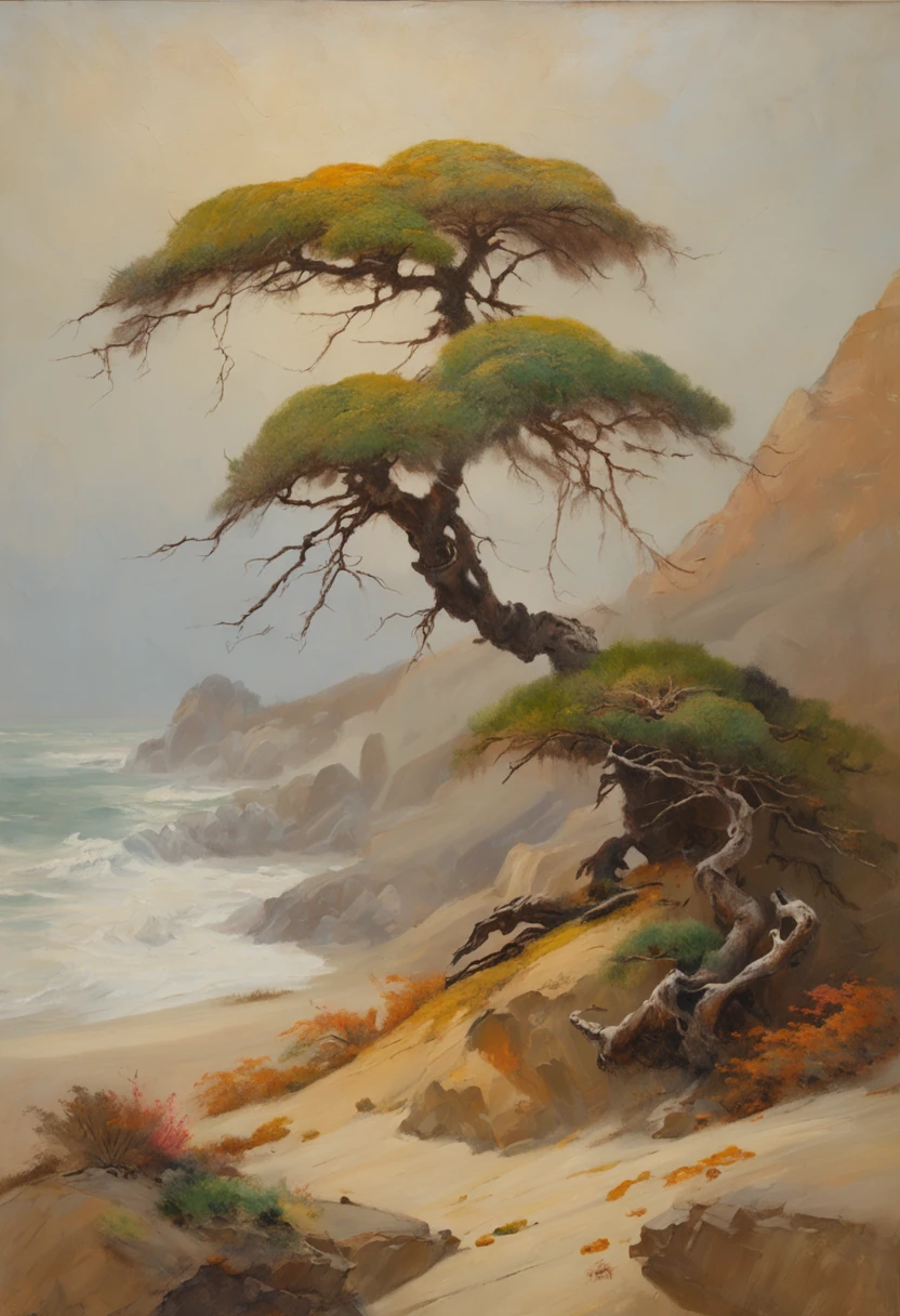 painting of a pruned low Cedar bonsai by the sea with waves. Compact and low windblown Cedar tree on lush eroded dune, surrounded by flowers. misty moisty morning sunrise. One single horizontal curved trunk, thick trunk, roots grabbing around stone, dynamic composition, low center of gravity. Minimalist bonsai style. Detailed painting by Alexandre Calame, Albert Bierstadt,Alfred Augustus Glendening, Van Gogh. long-shot. lagune.