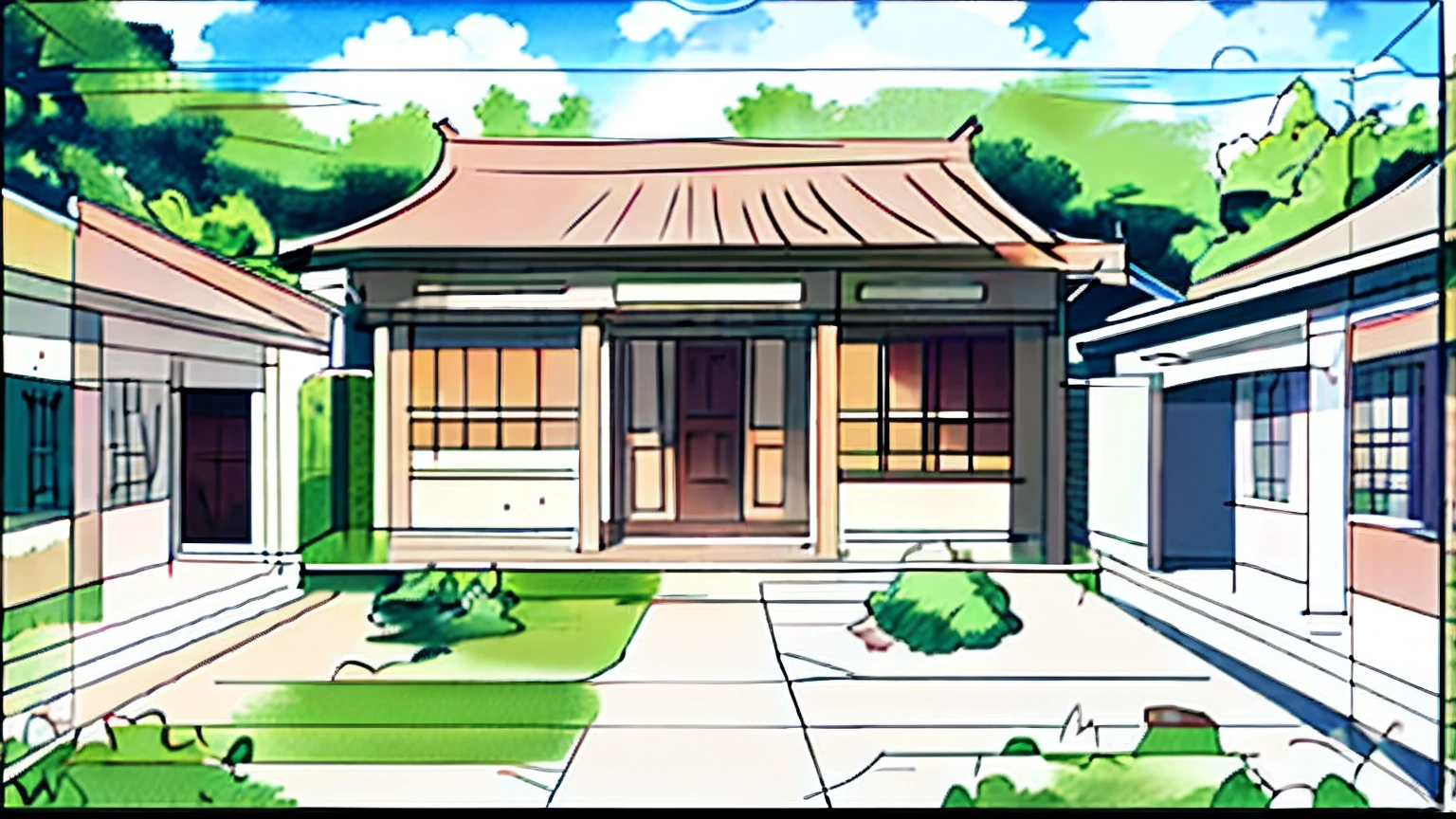 Anime style，yard，Under the scorching sun，2D