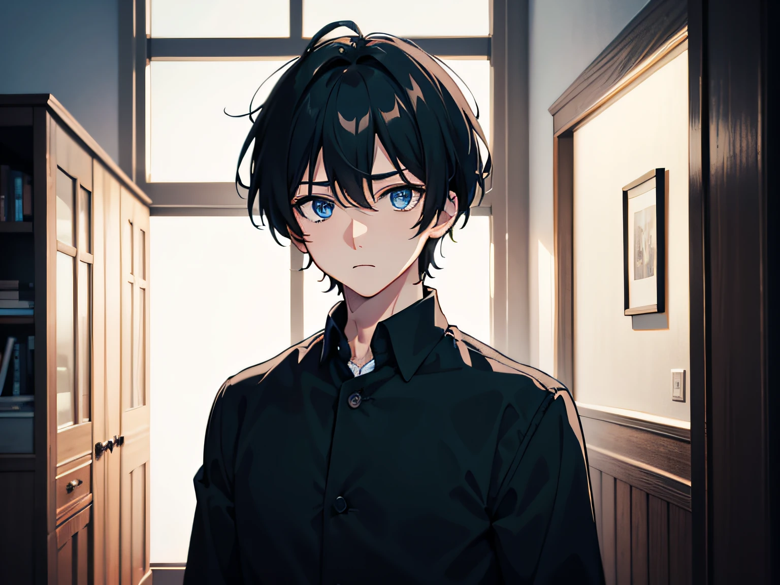 One boy looked surprised,Black color hair,blue color eyes,Handsome,The expression is cold,inside the house,Illustration anime style,Dark 4K, hyper HD, Masterpiece