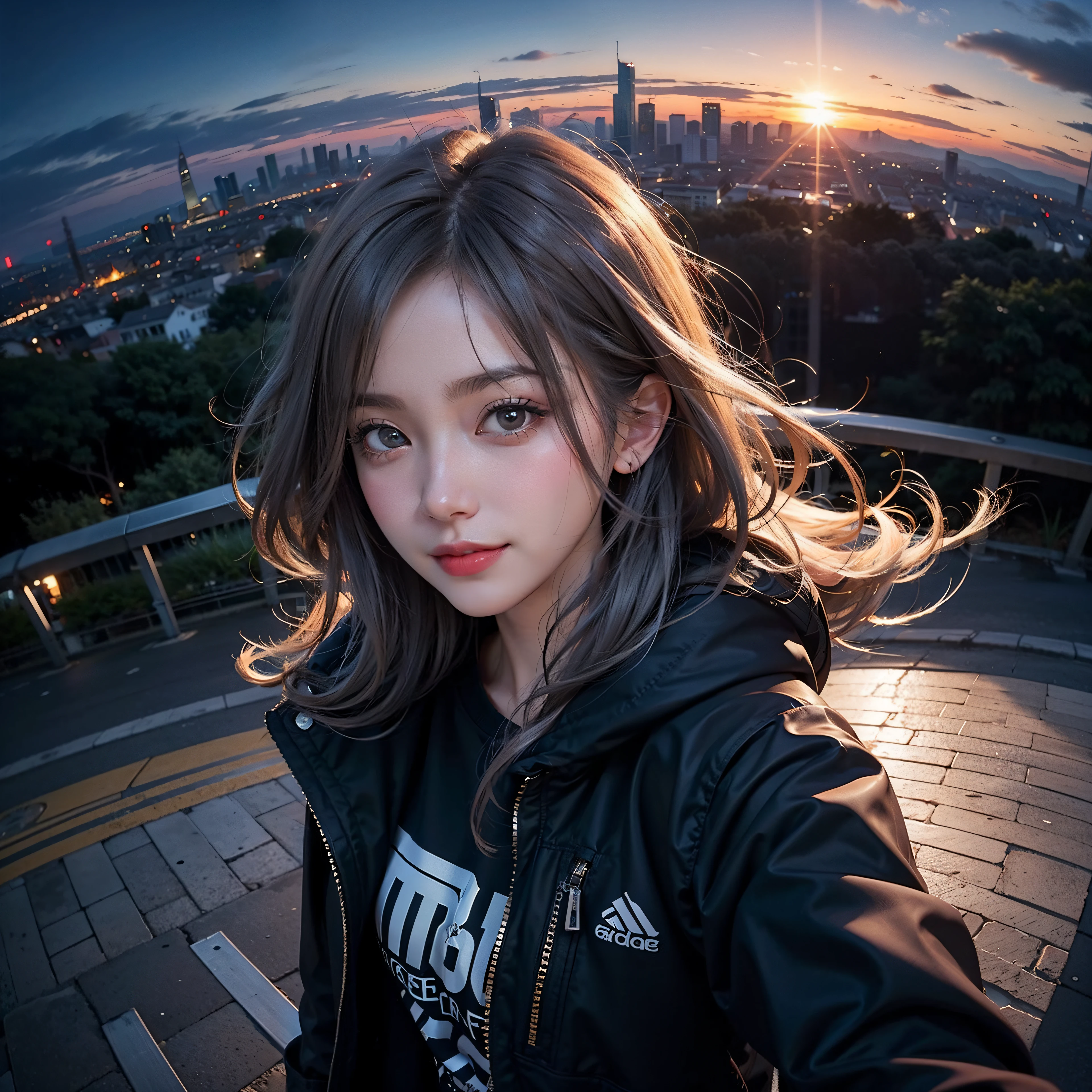 xxmixgirl,1girl, fisheye, selfie, wind, messy hair, sunset, cityscape, (aesthetics and atmosphere:1.2), gray hair,smiling,FilmGirl