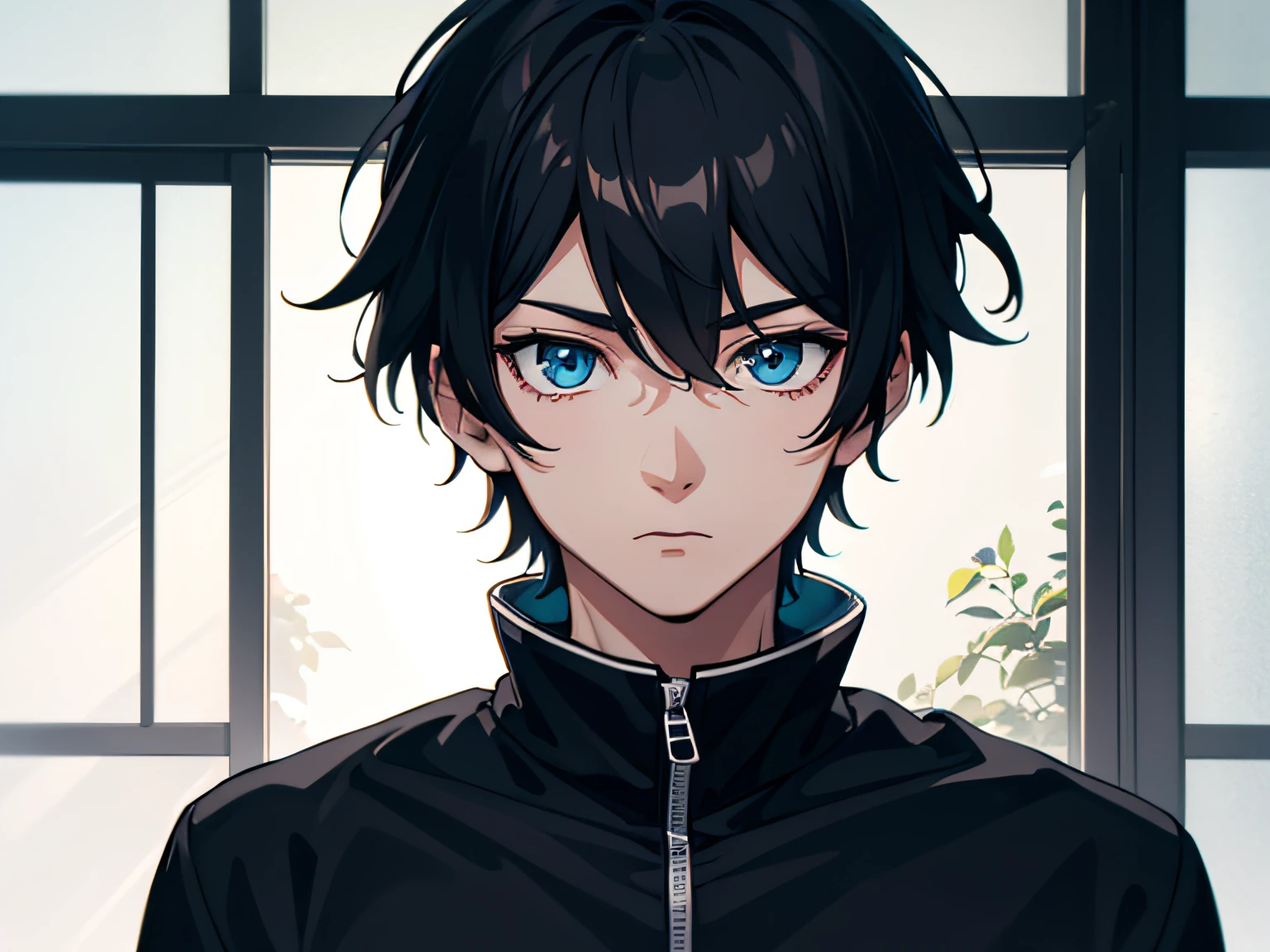 One boy looked surprised，Black color hair，blue color eyes，Handsome，The expression is cold，Being in the room，Illustration anime style，Dark 4K, hyper HD, Masterpiece