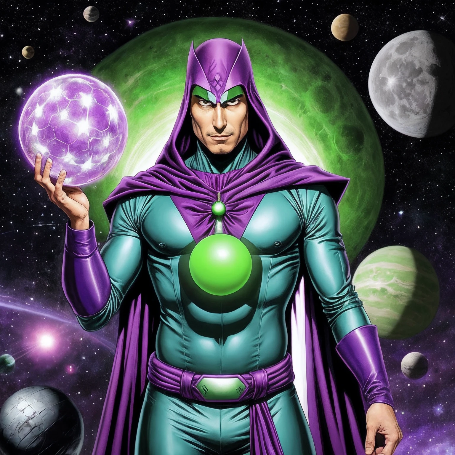 Cartoon of a man in a purple costume with green balls, Known Space Emperors, Alien Men And Alien Women, inspired by Hiromu Arakawa, digitally colored, male vampire of clan banu haqim, saitama prefecture, queen and ruler of the universe, male djinn man demon hybrid, Alien God, fanart, Like Marvel Comics、like photo