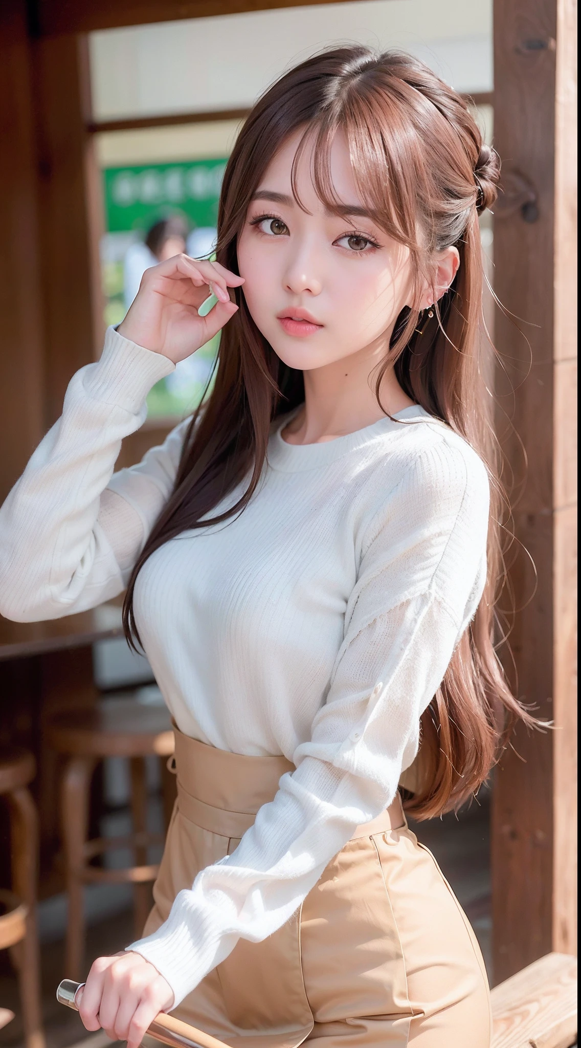 masterpiece、top-quality)、1 beutiful girl、A smile、Slim body、(Black and white plain clothes:1.1)、(Detailed beautiful eyes)、Bedroom、in a house、((Pink longhair))、a small face、tall、((Light blue eyes))、((Korean Girl))、((cool lady))