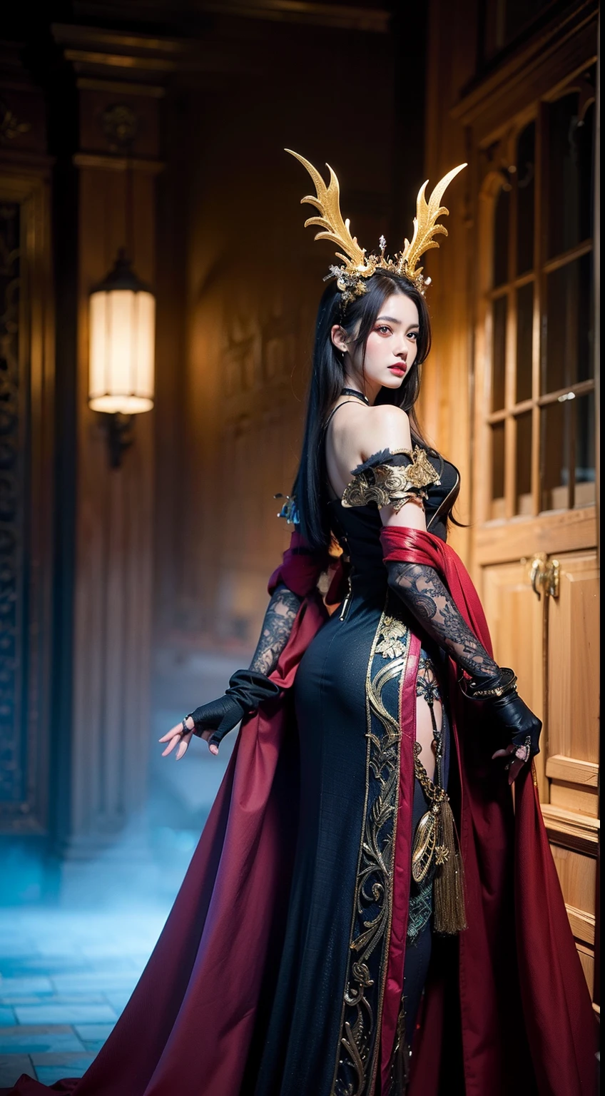 Full-length view, stunning beautiful Asia model, hyper-detailed eyes and face, extreme angle, perfect makeup. Art by Chrissy Zullo, illustrations characterized by a distinct mix of whimsical elements with darker undertones, with predominantly female characters in stylized form with elongated limbs, the work is highly detailed and uses a bold color palette, combining natural and fantastical elements, giving the characters a sense of an otherworldly, dreamlike quality, that captures the imagination and emotions of the audience. portrait, half body, back view,